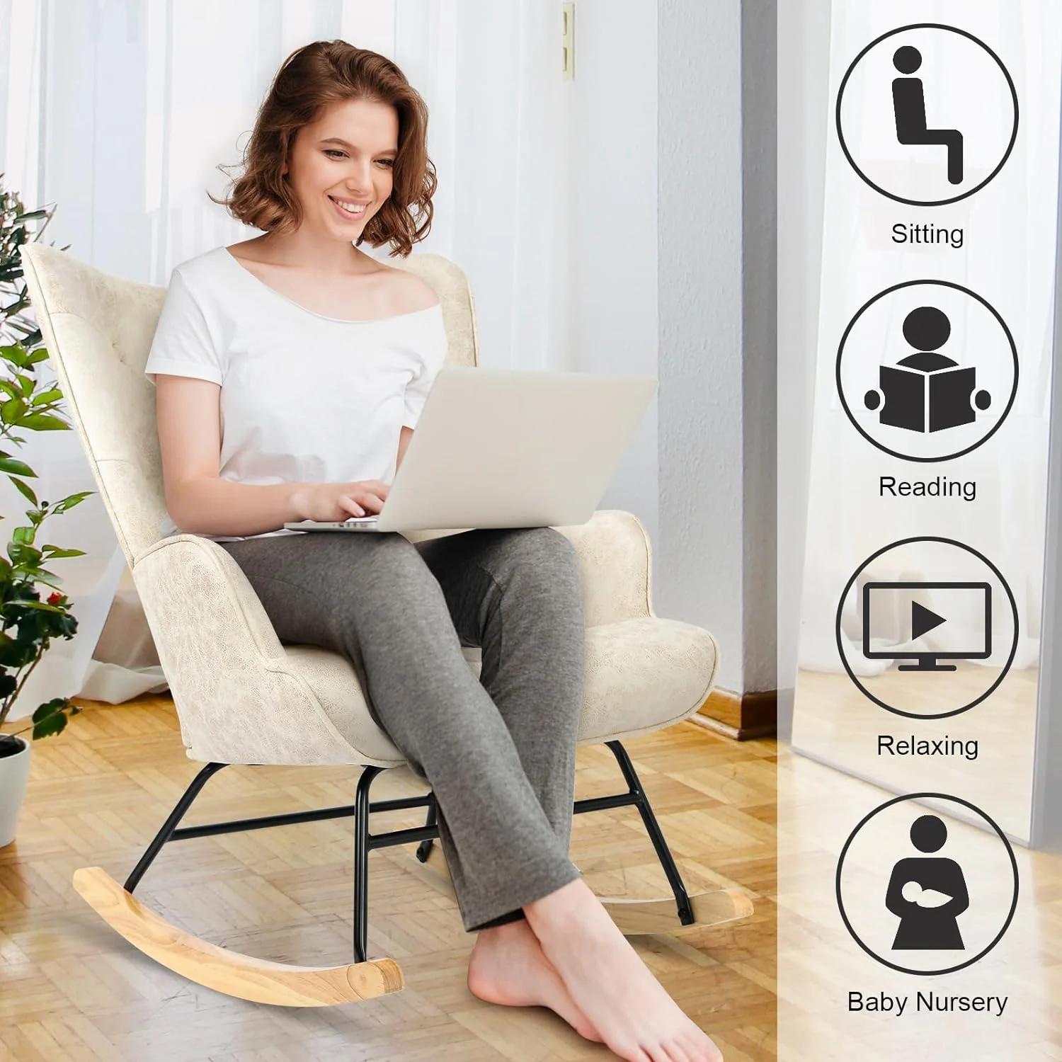 SQWERD Rocker Glider Chair Modern Nursery Rocking Chair PU Leather  with Wooden Base High Backrest and Armrests Padded Seat Comfy Upholstered  Chair   Room Bedroom Office Brown