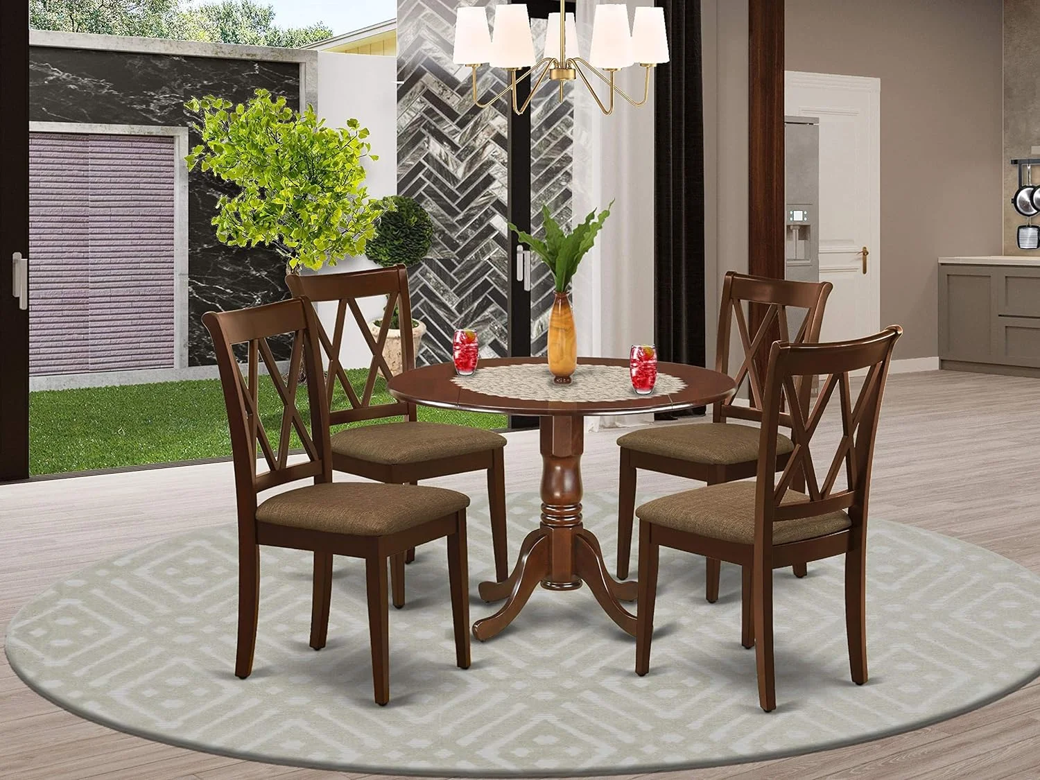 Dublin 5 Piece Modern Set Includes A Round Wooden Table With Dropleaf And 4 Linen Fabric Dining Room Chairs, 42X42 Inch, Mahogany