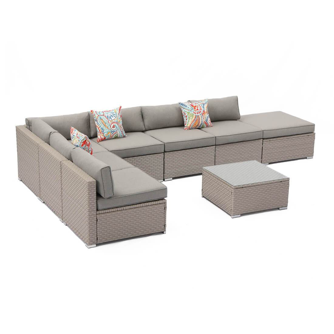 COSIEST 8-Piece Outdoor Furniture Set Warm Gray Wicker Sectional Sofa