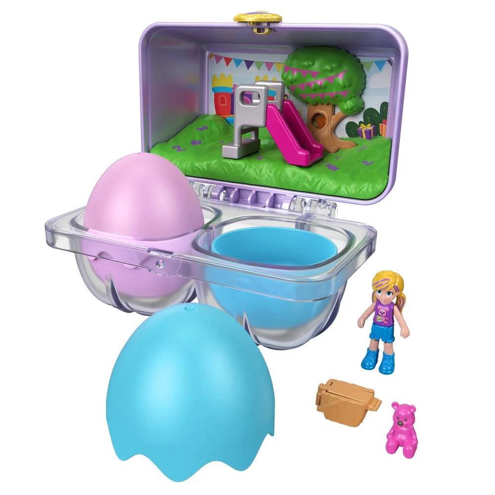 Bundle of 3 | PoIIy Pocket, Mystery Surprise Egg Carton | Purple Birthday Party Bounce House & Blue Nighttime Cityscape & Pink Rainbow Playground Theme