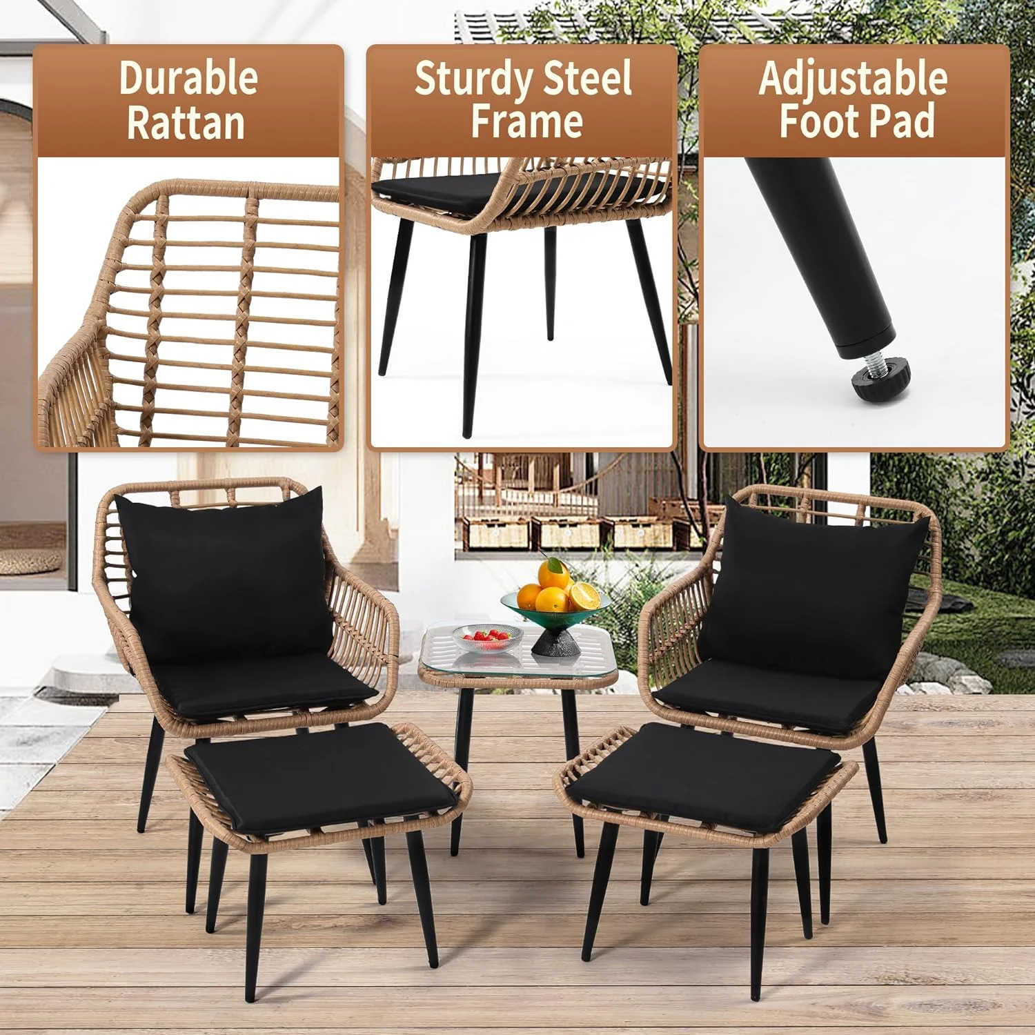 Outdoor Wicker Chairs and Table Bistro Conversation Furniture Set, 5 Pieces with Ottoman for Porch, Balcony, Deck, Patio, Backyard, Natural Color