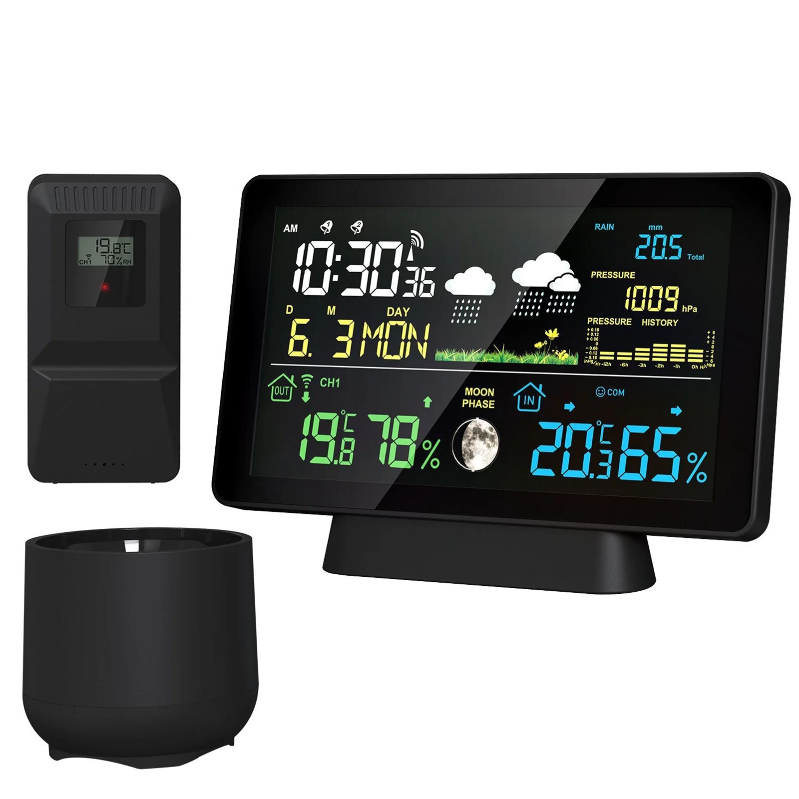 Walmeck 8-in-1 Wireless Weather Station with Hyetometer, Temperature Sensor, Time Date Display and Rain Gauge for Indoor Use