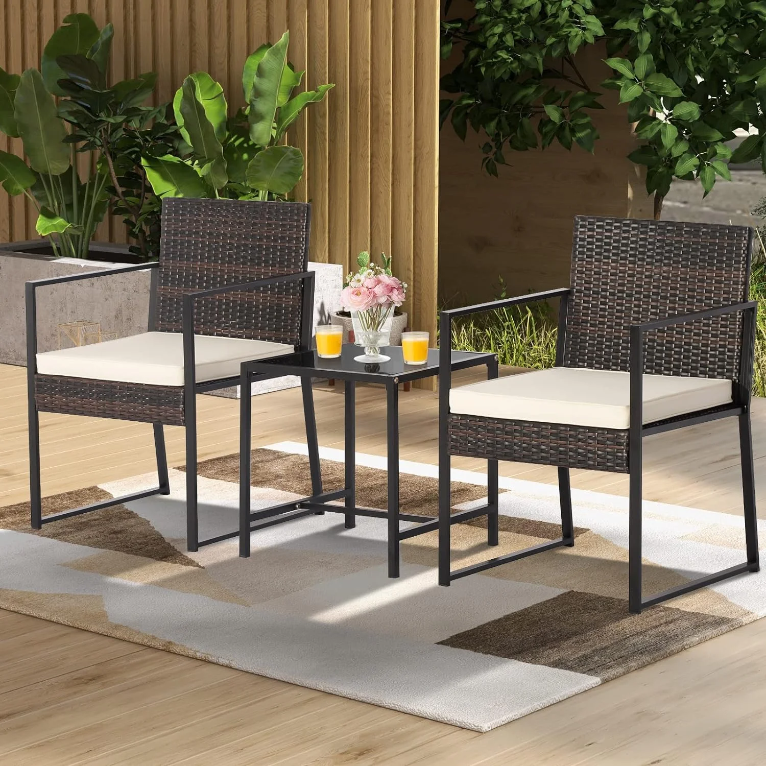 Dina 3 Pieces Patio Furniture Set Outdoor Rattan Wicker Conversation Set  Bistro Chairs with Tempered Glass Coffee Table & Soft Cushions Set for Backyard Garden Poolside