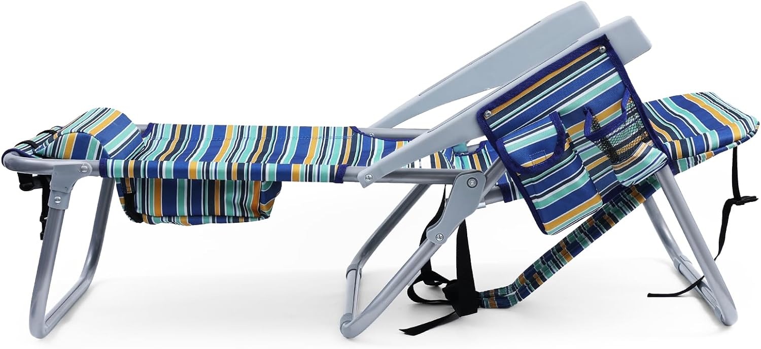 Backpack Beach Chair for Adults, Folding Beach Chair with 4 Positions, Heavy Duty Beach Chair with Large Cooler Pouch Support to 350LBS (Stripes_Blue&Cyan&Yellow)