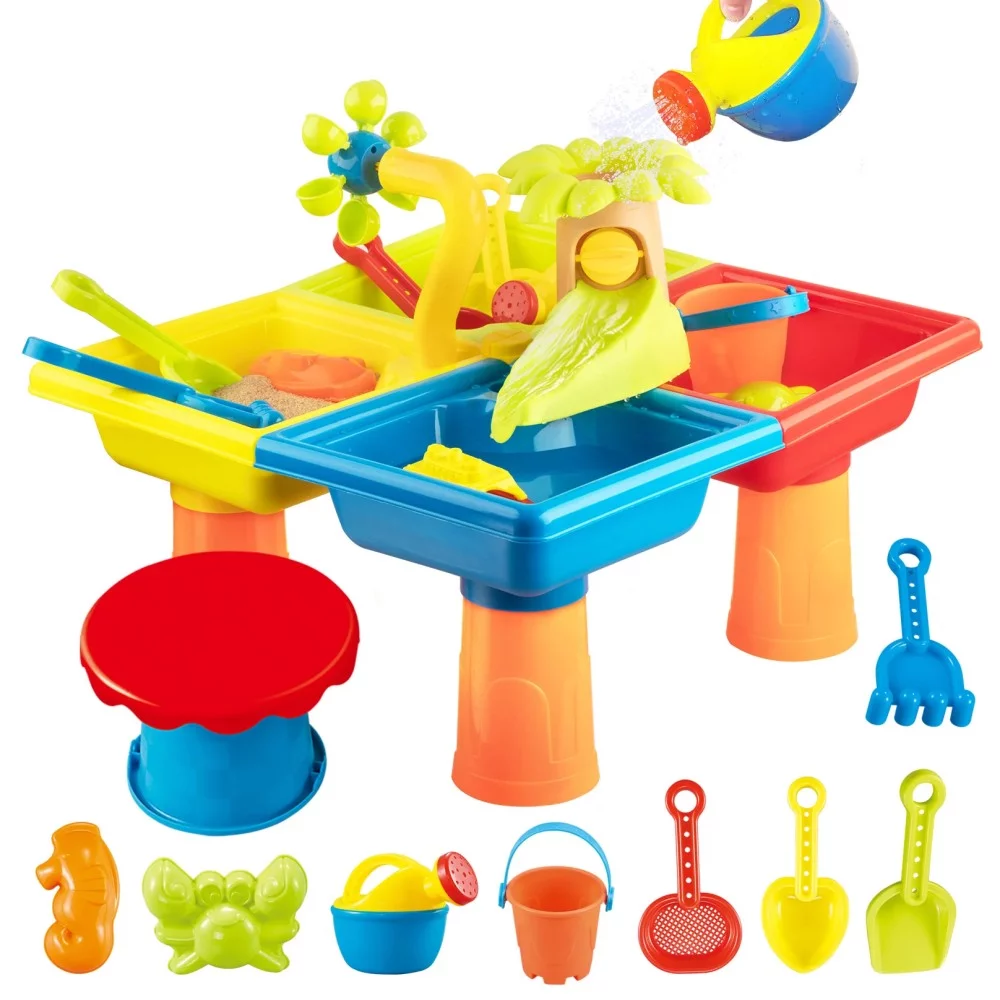 AYMZ 4-in-1 Sand Water Table 25PCS Kids Sand Table and Water Play Table Beach Summer Toys Sandbox Table Outdoor Activity Toy for Outdoor Backyard for Toddlers Age 2-4 Gift