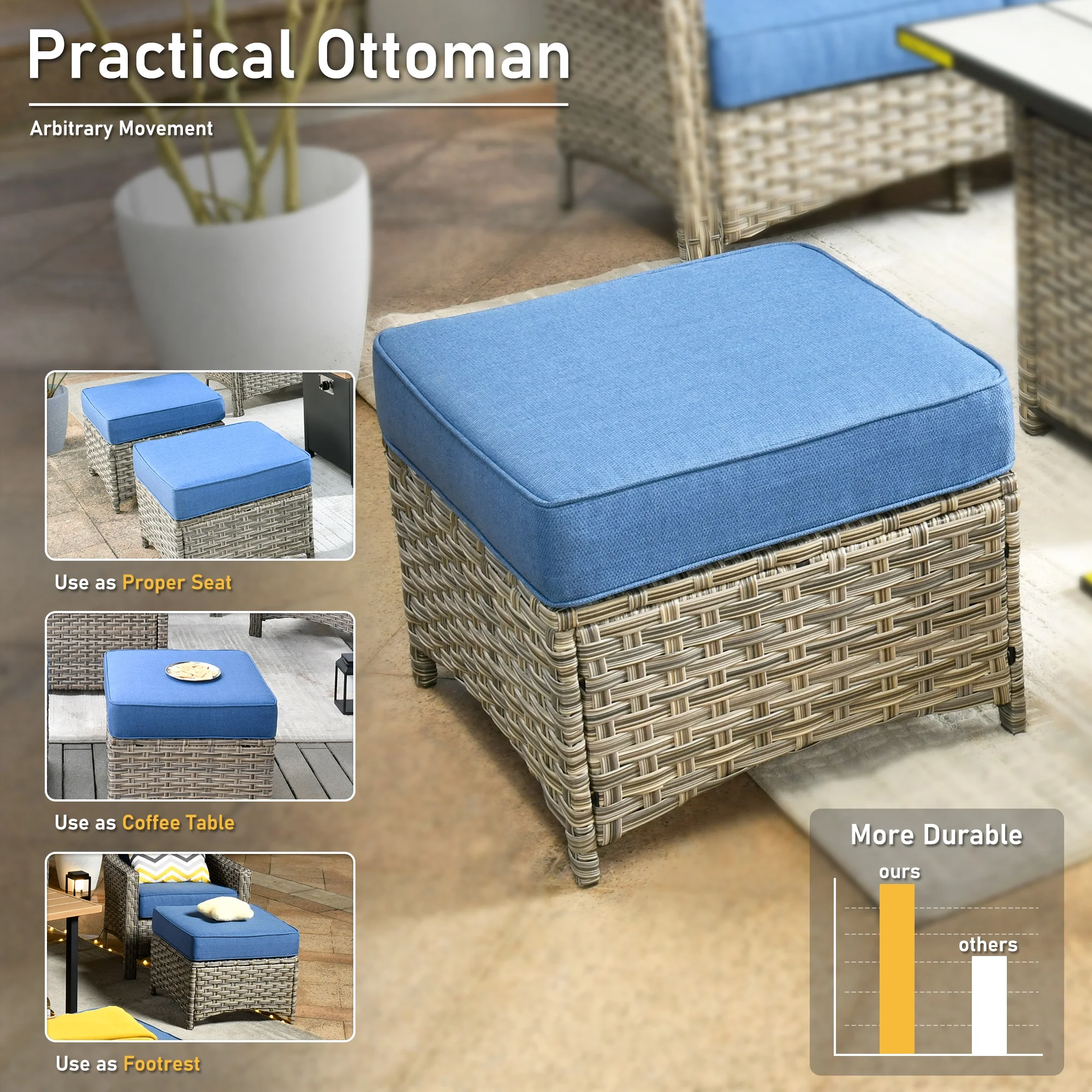 HOOOWOOO Patio Furniture Set All Weather Rattan Wicker Conversation Set with Smokeless Fire Pit Table,Diamond Blue