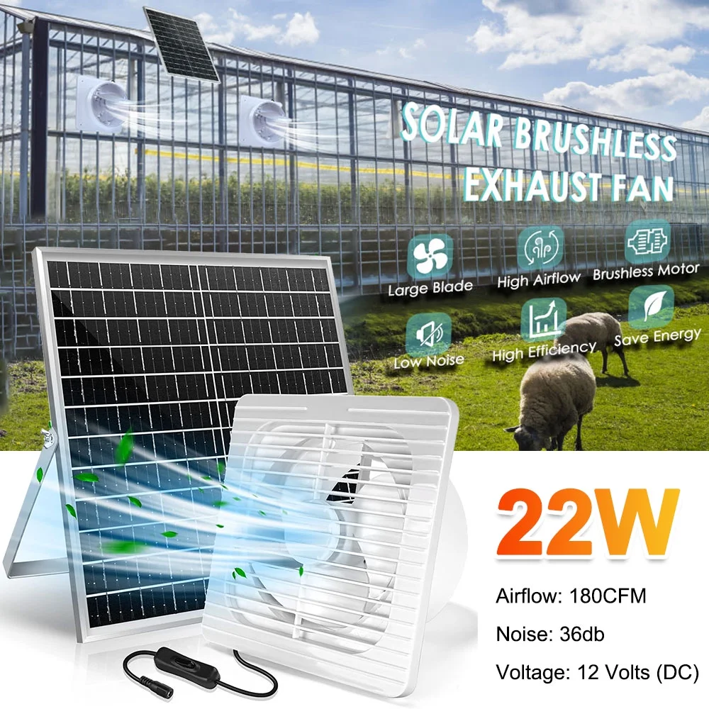 XAEIOW 22W Solar Exhaust Fan with Energy Saving, 8 Inch Brushless, Low Noise, Atmospheric Currents for Outside, Shed Ventilation, Greenhouse, Chicken Coop, Pet Houses, Garage