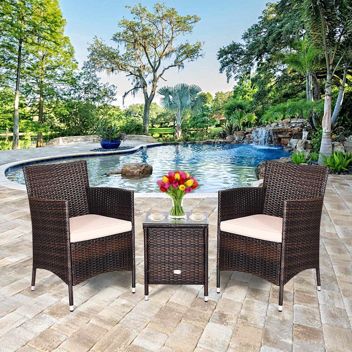 Dina 3 Piece Patio Set Wicker Rattan Furniture Set Outdoor Rattan Conversation Set with Coffee Table Chairs & Thick Cushions Bistro Sets for Patio Garden Lawn Backyard Pool