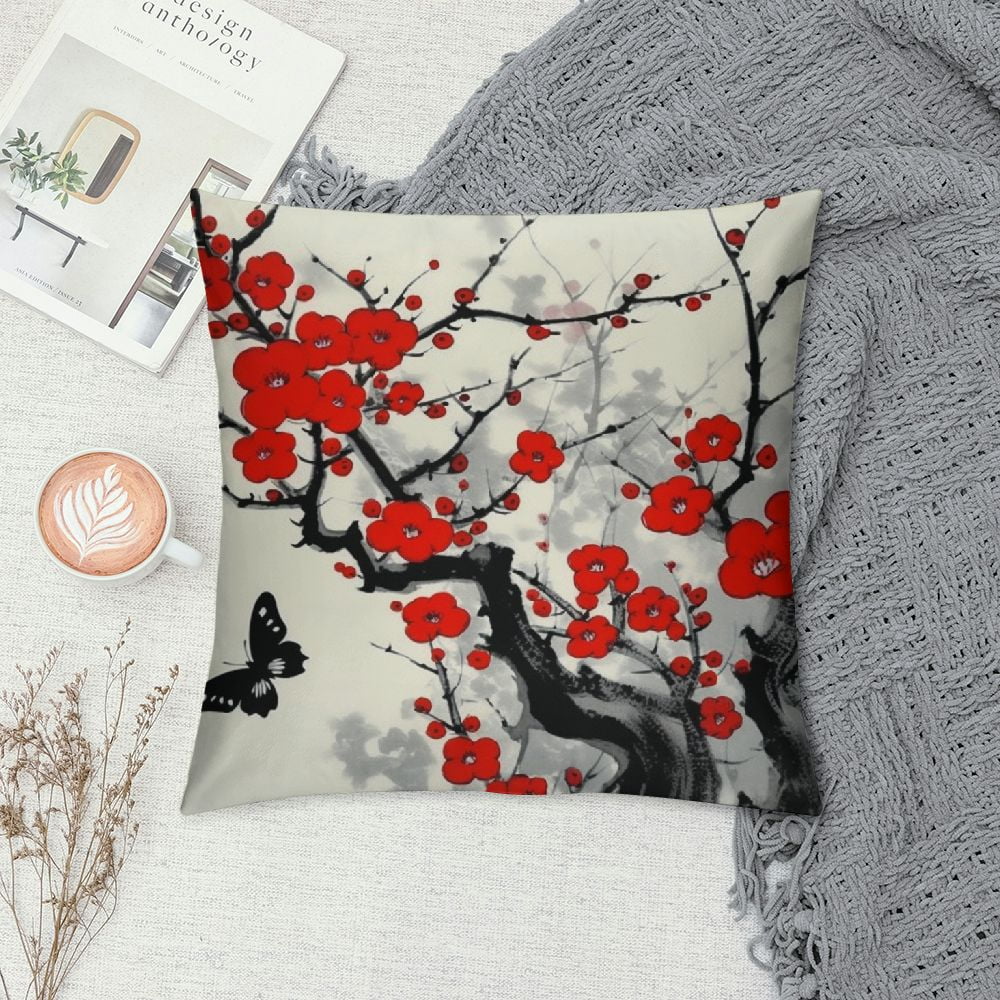 COMIO  Plum Blossom Floral Throw Pillow Cover Cases Branch Foliage Butterfly Cherry Japanese Blossom Ink China Culture Classic Outdoor Decor Pillowcase Home Square Pillow Slip