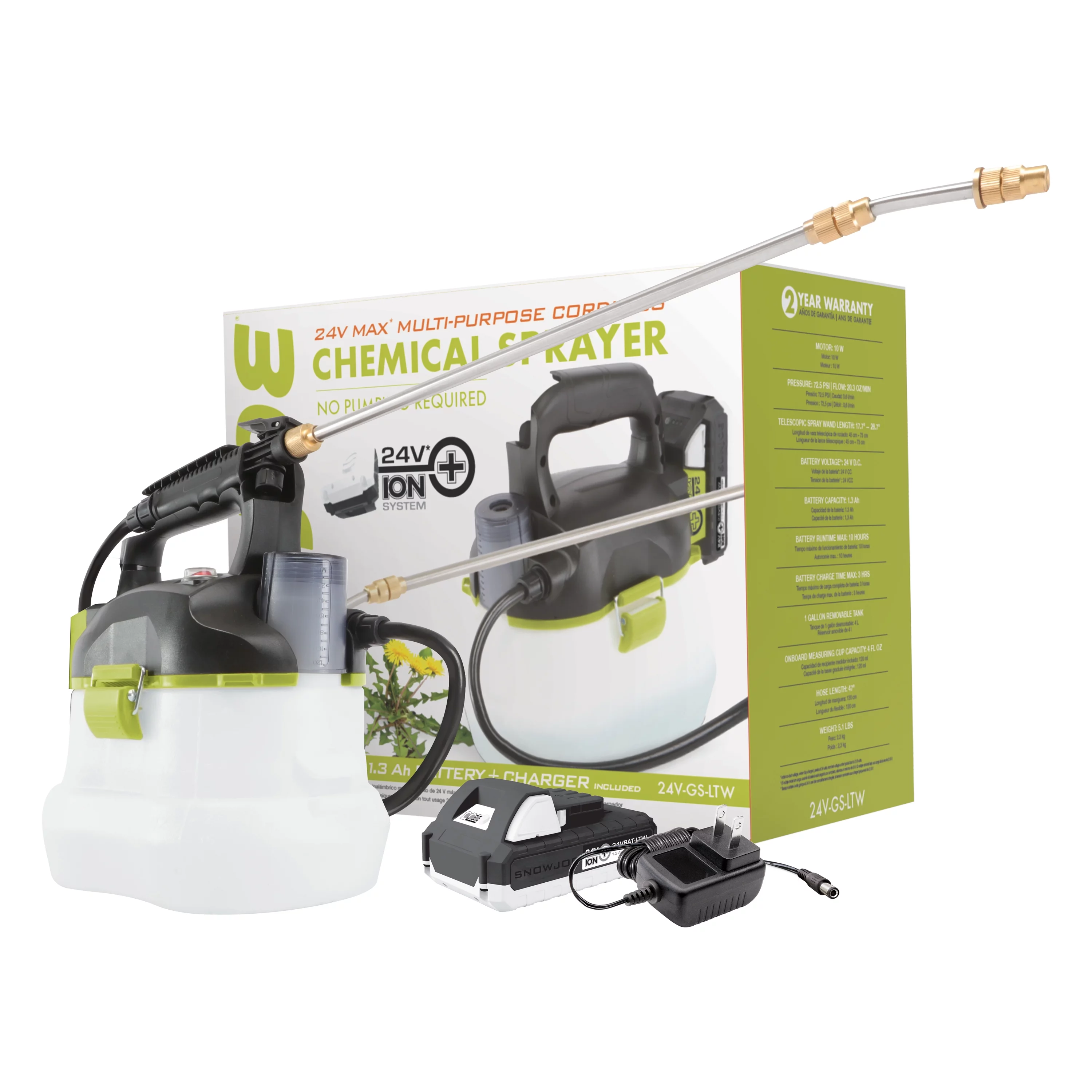Sun Joe 24V Cordless Multi-Purpose Chemical Sprayer, 1-Gallon, 1.3-Ah Battery & Charger