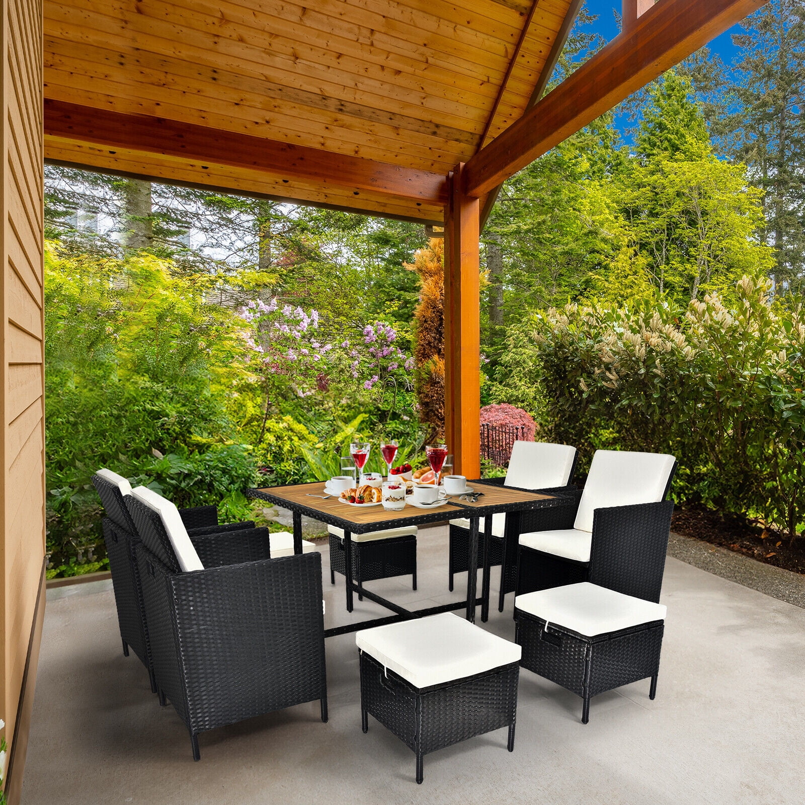 9 Pieces Patio Dining Furniture Set Wicker Sofas Rattan Chair Conversation Table