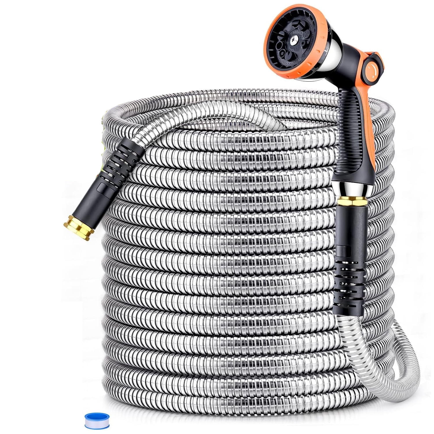 Metal Garden Hose 50ft  Liffey 304 Stainless Steel Water Hose With 2 Hose Extension Adapter  2-Ways Hose Splitter and 10-Function Nozzle  3/4‘‘ Fittings  Liffey Tangle & Kink