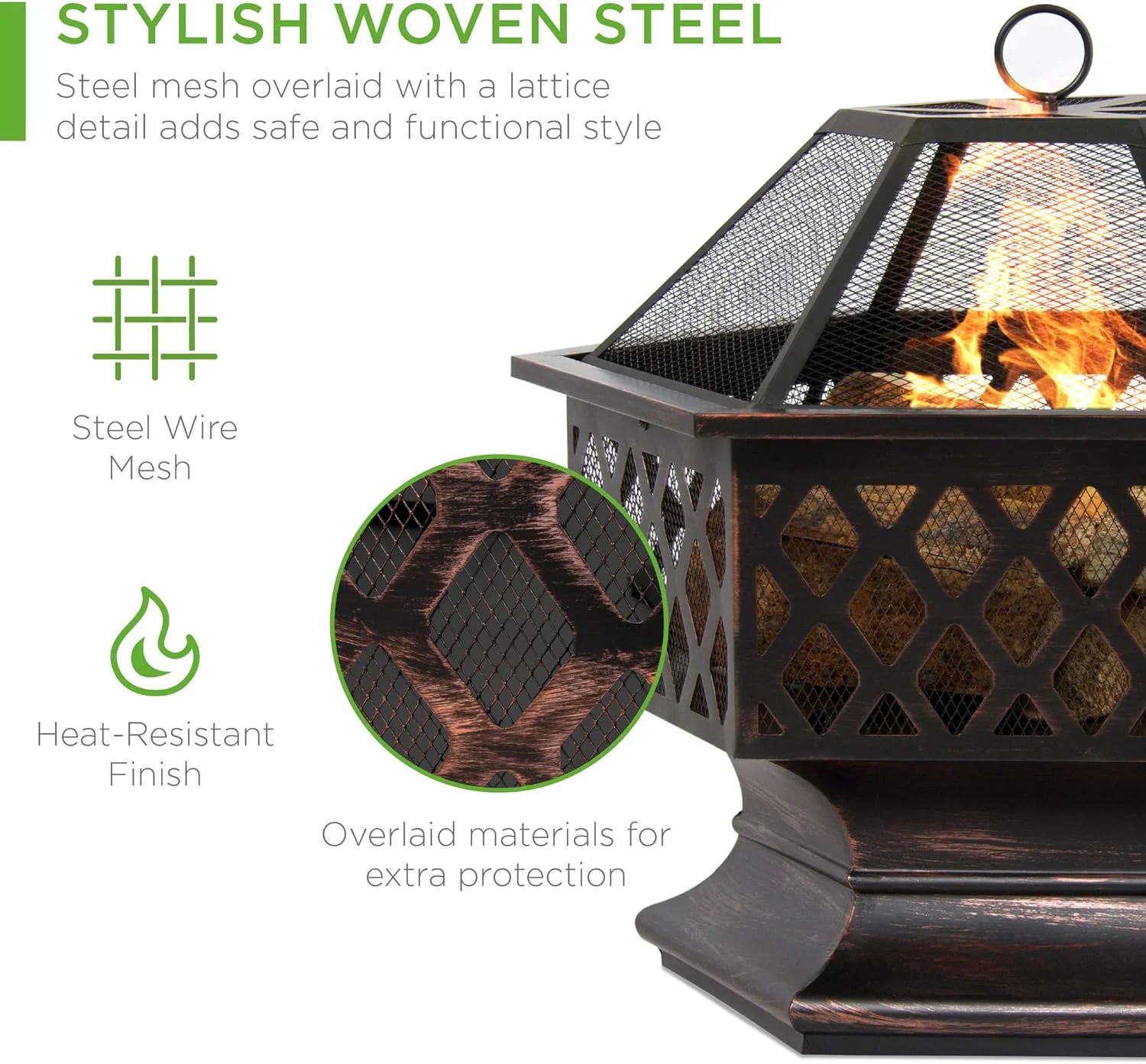 Hex-Shaped 24in Steel Fire Pit, Black Metal Wood Burning Firepit, Portable Hexagon Fire Bowl for Outside, Patio, Backyard w/Flame-Retardant Mesh Lid
