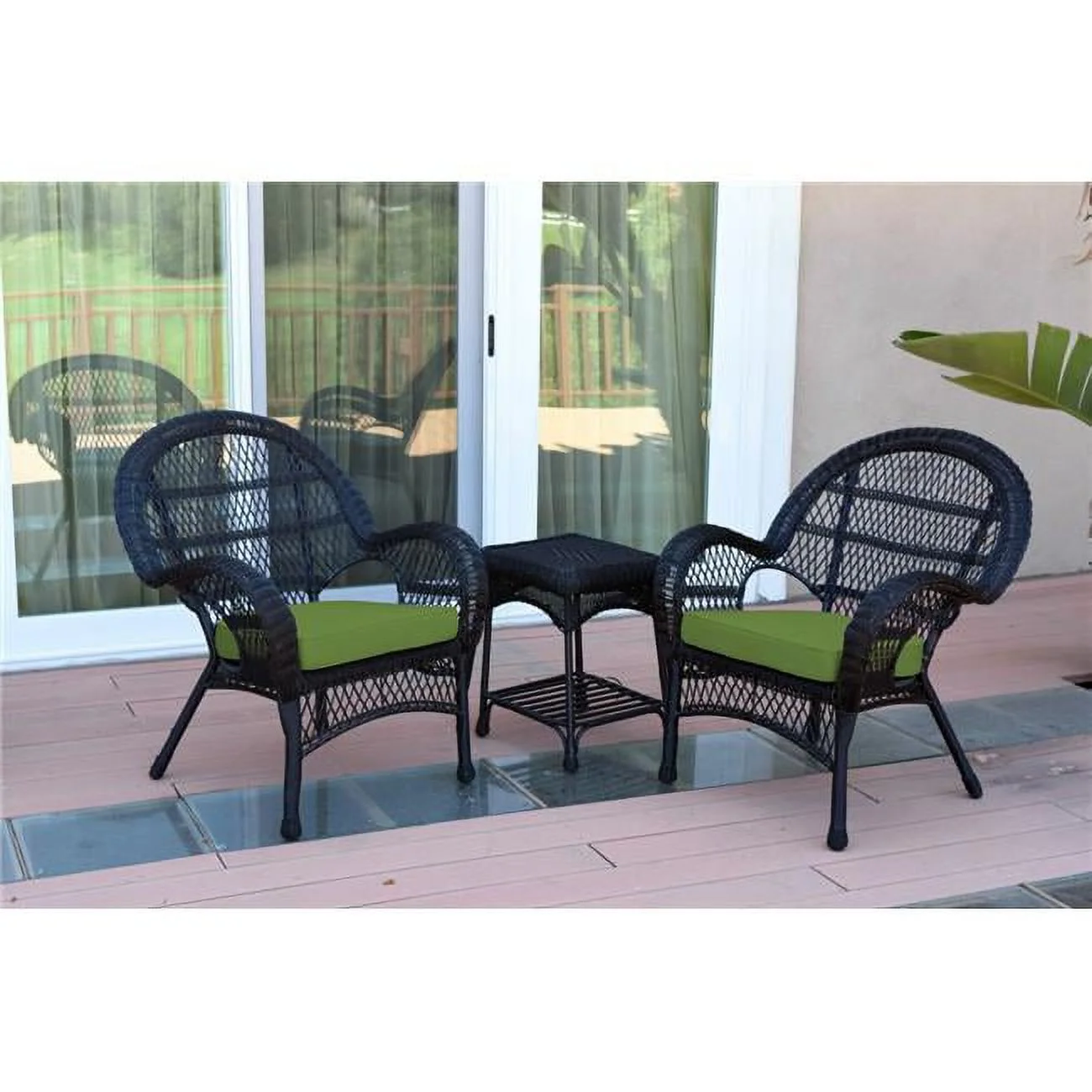W00211-2-CES034 Santa Maria Black Wicker Chair Set, Hunter Green Cushions - 3 Piece