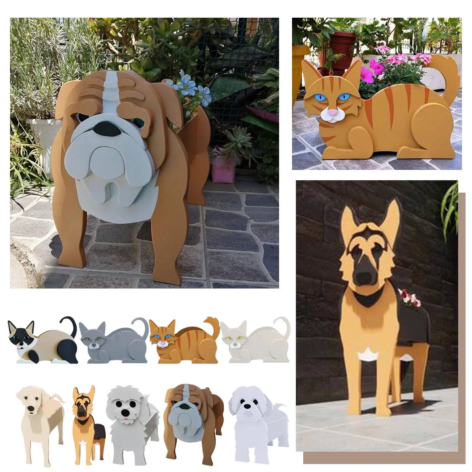 LIJCC Cartoon Succulent Flower Pot Wooden Dog Flower Pot Poodle Chihuahua Animal Flower Pot