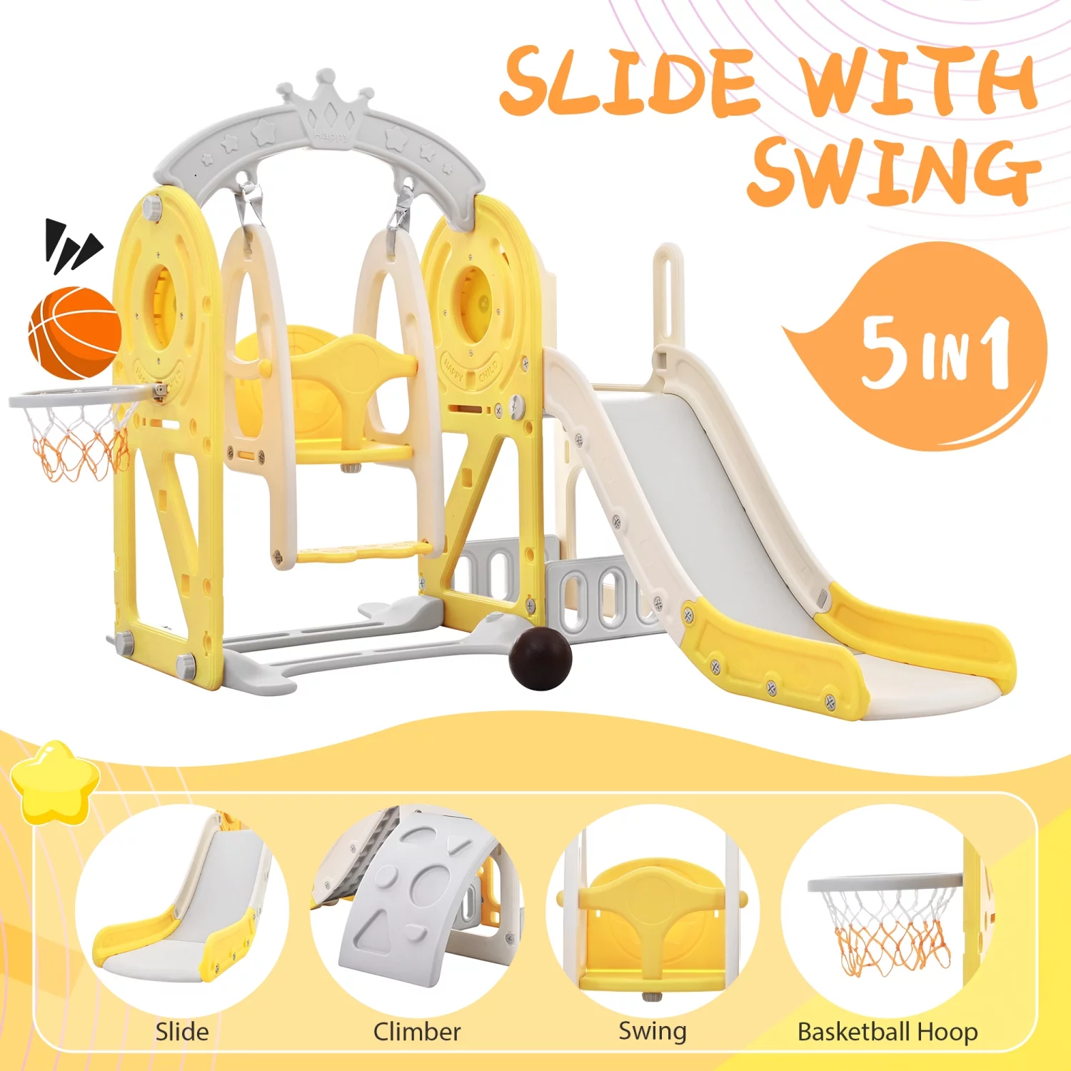 Toddler Slide and Swing Set 5 in 1  Kids Playground Climber Slide Playset with Basketball Hoop Freestanding Combination for Babies Indoor & Outdoor