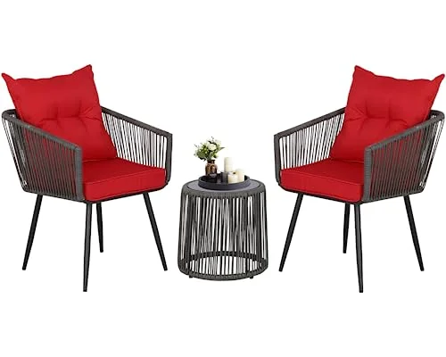 3 Piece Outdoor Bistro Set Patio Set Balcony Furniture Outdoor Furniture Rattan Chair Conversation Sets with Side Table for Porch, Backyard, Balcony (DGRY-Red)