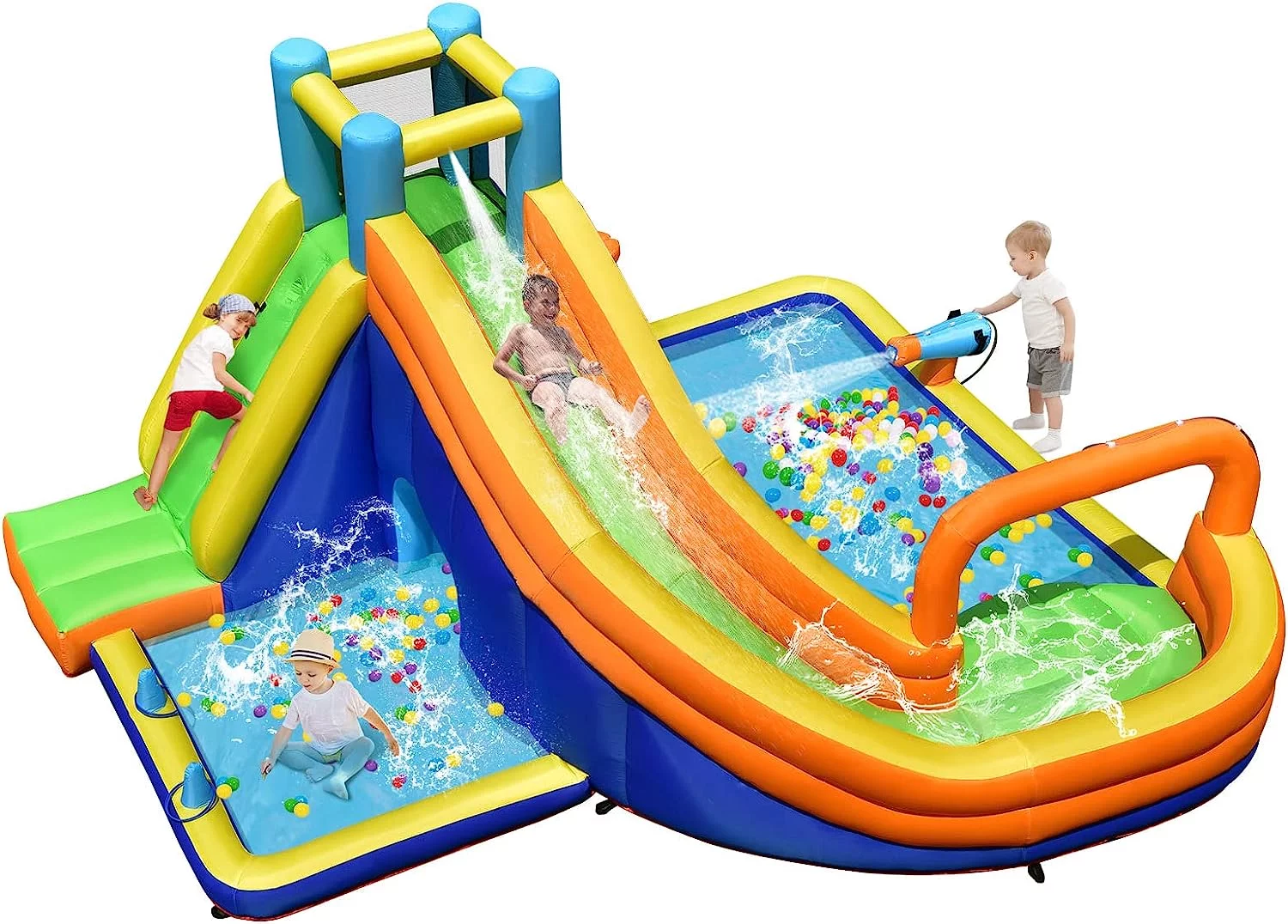 OLAKIDS Inflatable Water Slide, 8 in 1 Bounce House with Slide, Climbing Wall, Splash Pool, Basketball Rim, Water Gun, Tunnel, Outdoor Jumping Park with Hose, Stakes (Without Blower)