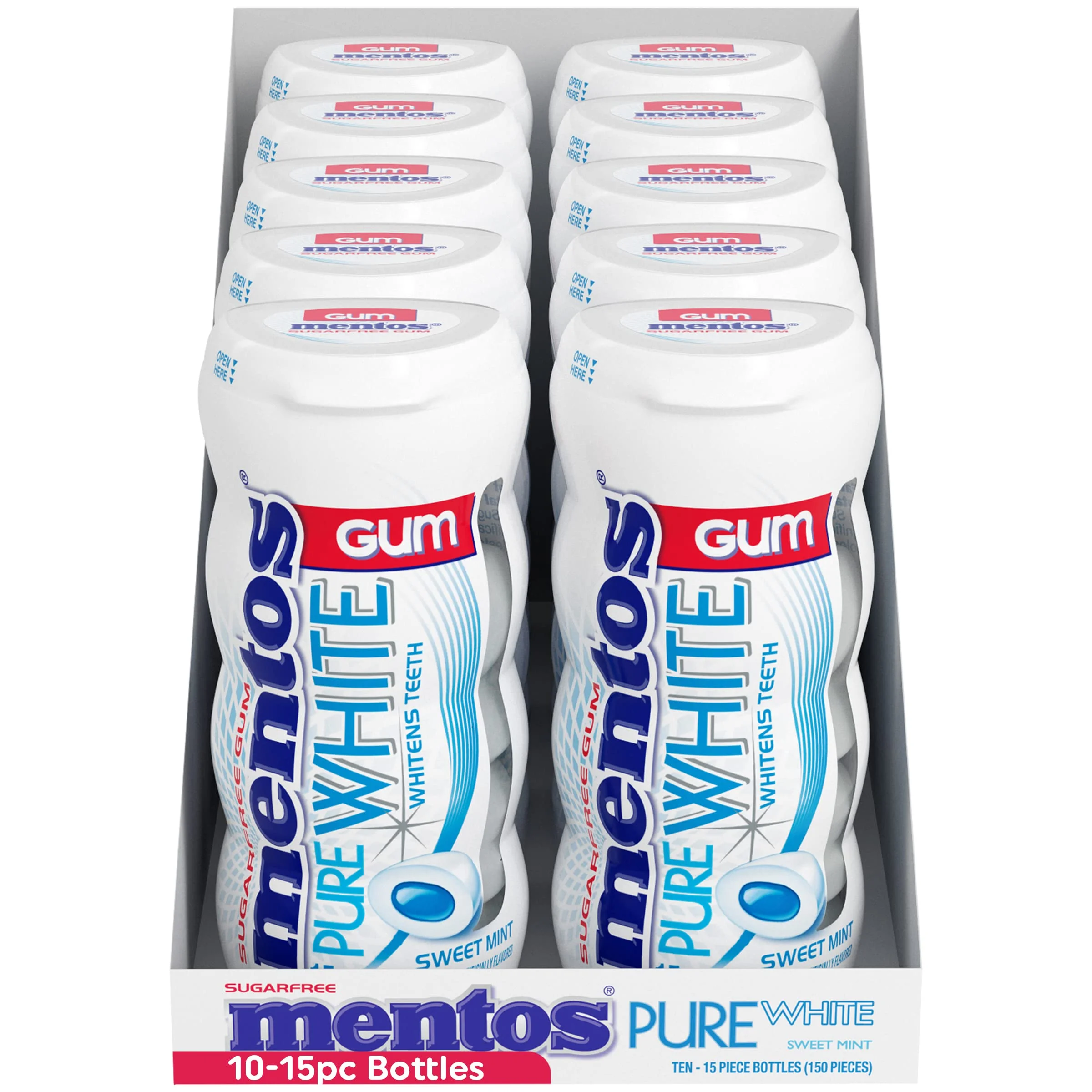 Mentos Pure White Sugar-Free Chewing Gum with Xylitol, Sweet Mint, 15 Piece Bottle (Bulk Pack of 10)