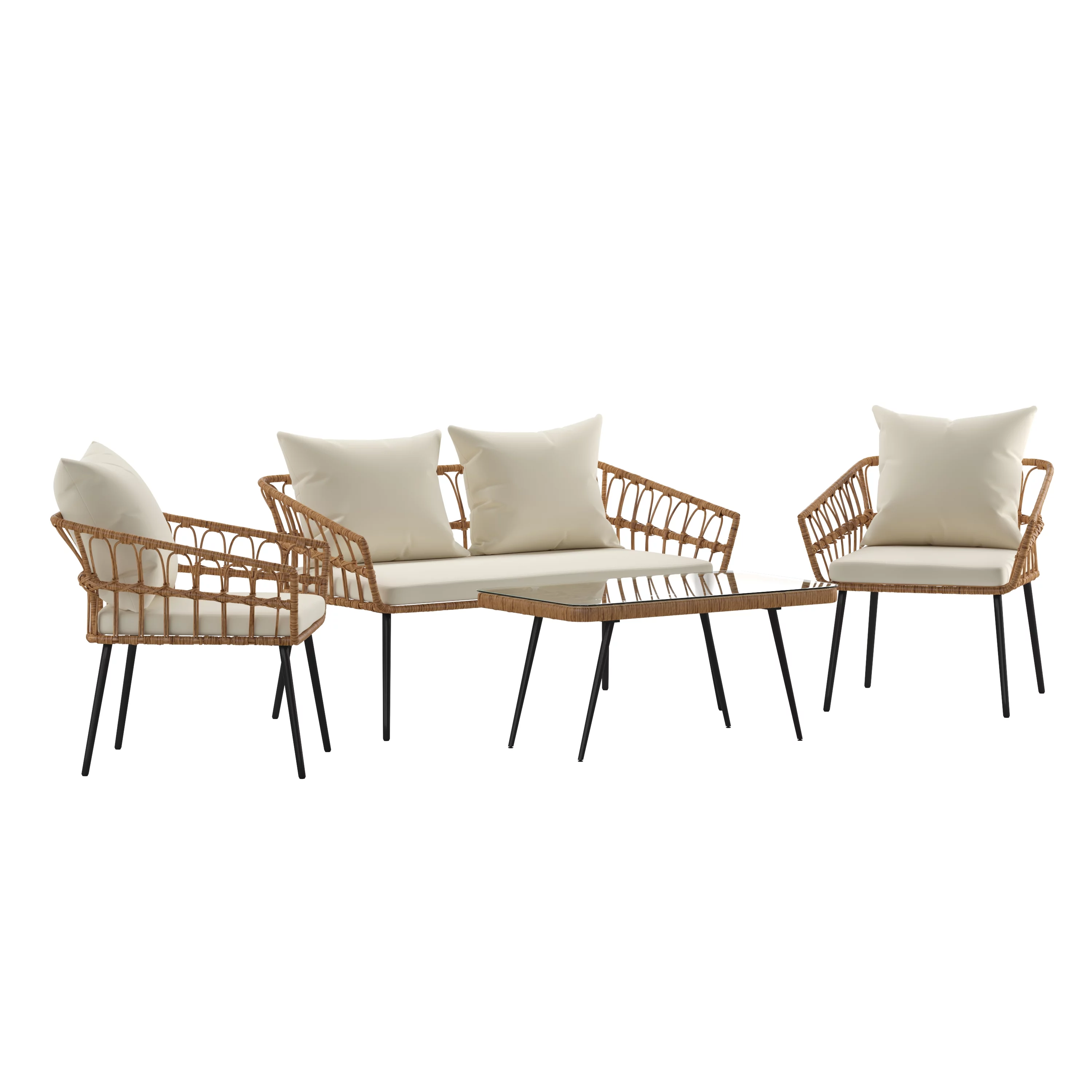 BizChair Evin Boho 4 Piece Indoor/Outdoor Rope Rattan Patio Conversation Set with Tempered Glass Top Coffee Table and Cream Cushions, Natural
