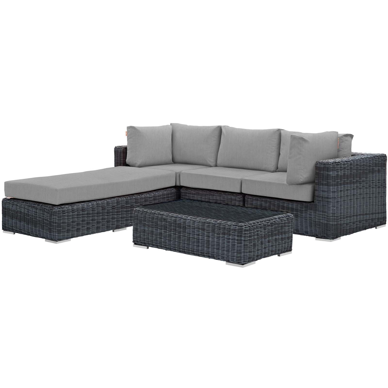 Lounge Sectional Sofa Table Set, Grey Gray, Rattan, Wicker, Outdoor Patio Balcony Cafe Bistro Garden Hospitality Restaurant, Modern Contemporary HB32781