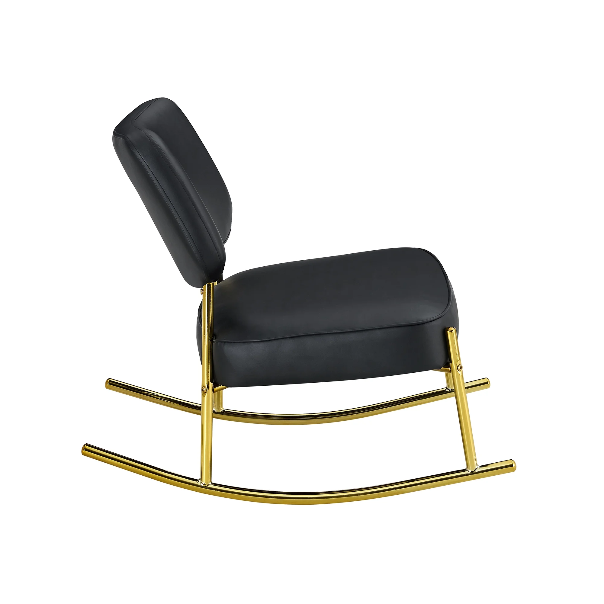 Modern Comfort: PU Material Cushioned Rocking Chair for Ultimate Relaxation, unique rocking chair, cushioned seat, black backrest rocking chair, and gold metal legs. Comfortable side chairs in the liv