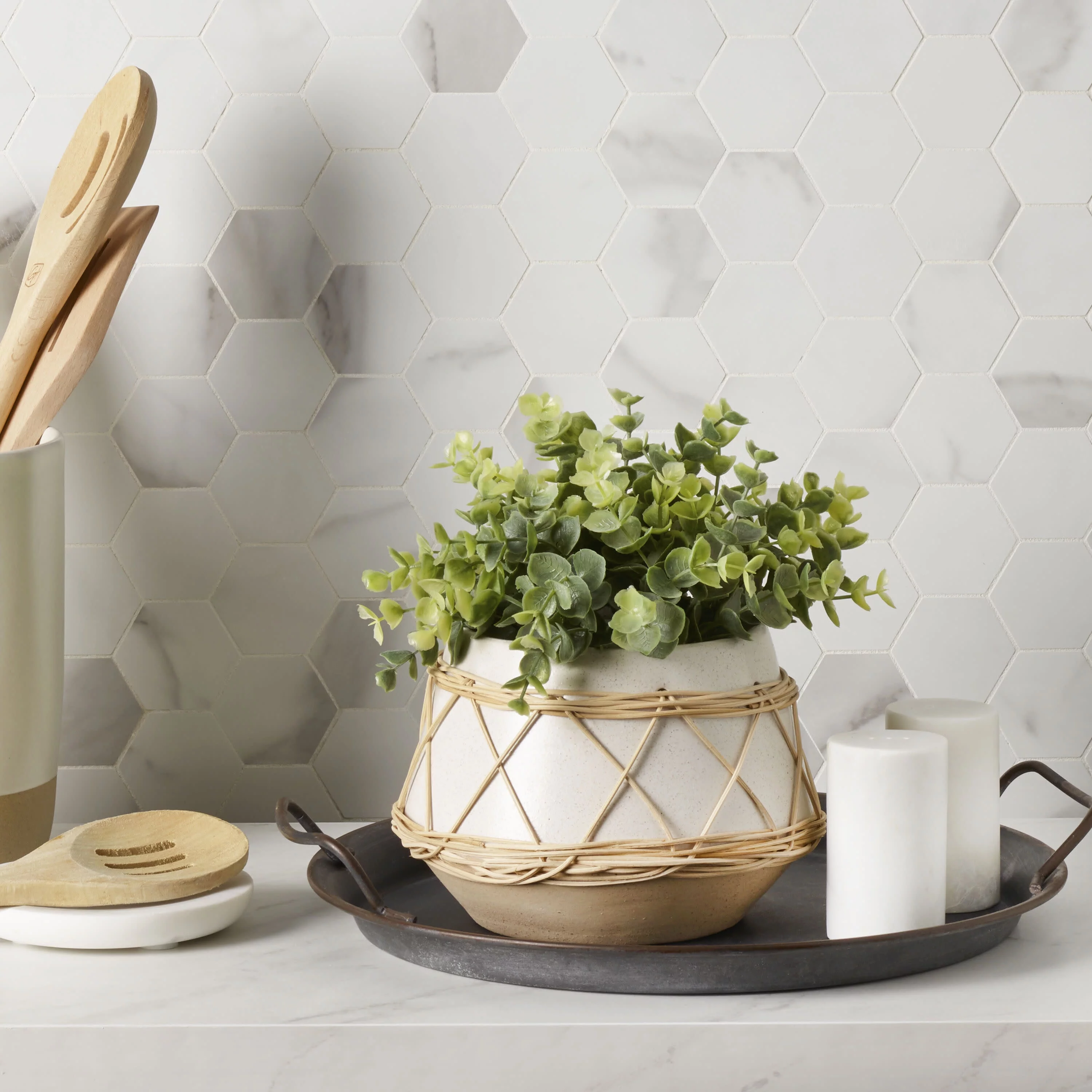 Elements 7X5 Inch Rattan Wrap White Stoneware Pot