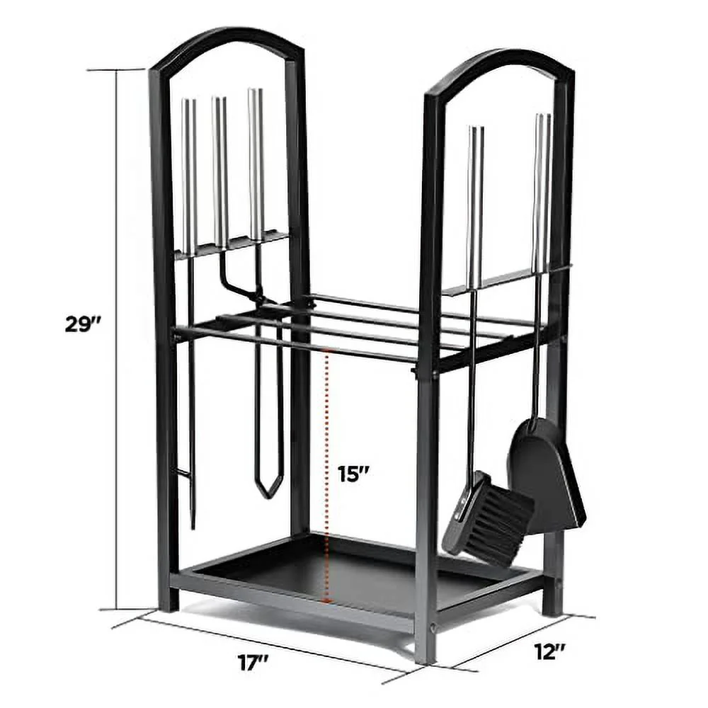 Home-it Firewood Rack Outdoor Indoor - 2-Tier Firewood Holder with Fireplace Tools Set, Brush, Shovel, Poker, Tongs - Waterproof Steel Pipe Log Holder, Black Stove Wrought Iron - 17x12x29