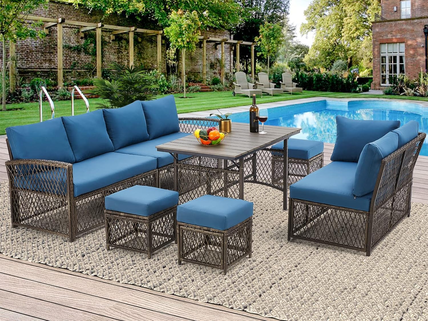 Dina Patio Furniture Set  7 Pieces Outdoor Patio Furniture with Dining Table&Chair  All Weather Wicker Conversation Set with Ottoman Khaki