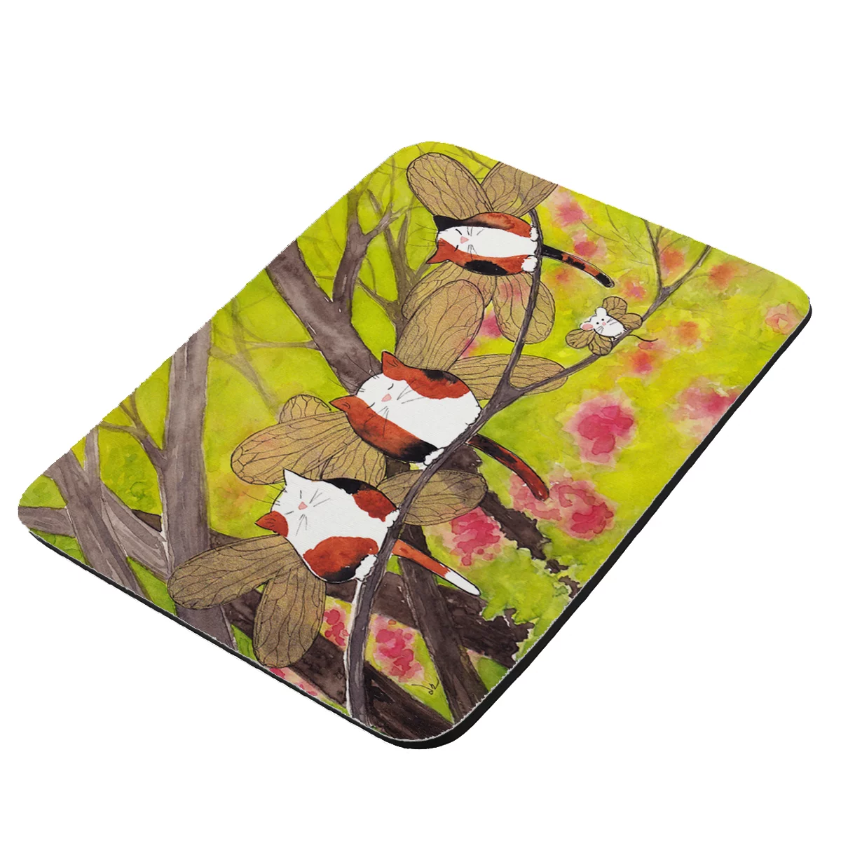 Calico Kitty and White Mouse Fairies with Redbud Trees Cat Art by Denise Every - KuzmarK Mousepad / Hot Pad / Trivet