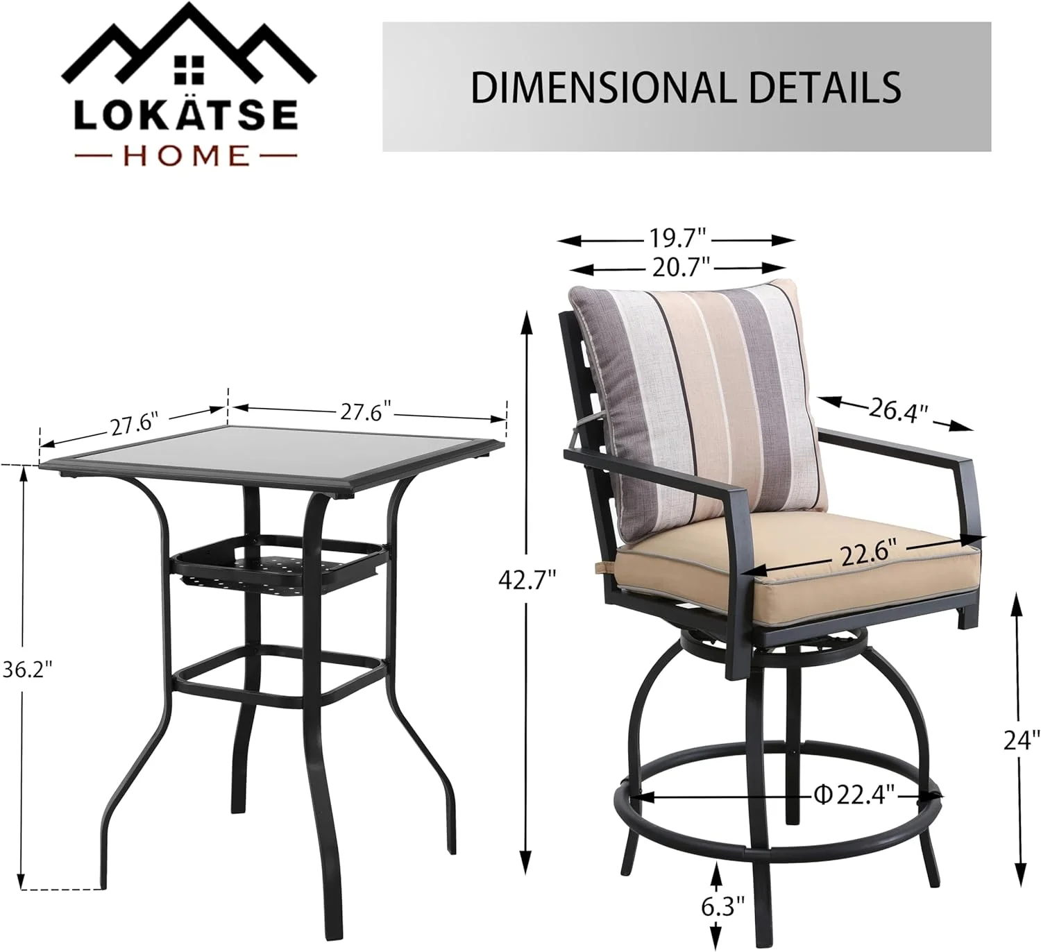 Patio Bar Height 2 Outdoor Swivel Chairs  1 High Glass Top Table, 3 Piece Bistro Set, Beige