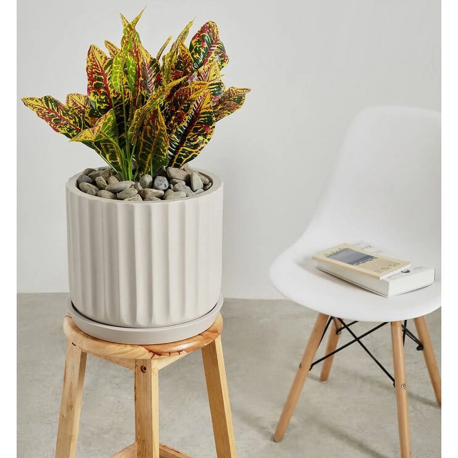 Indoor/Outdoor Large 1-piece Nordic Minimalist Fiberstone Lightweight Round Planter Pot With Grooves Saucer - 16, 13, 11 in Gray Cream 10.25 In. H X