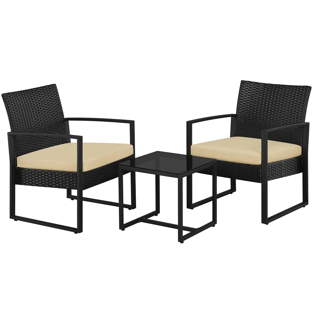 Yaheetech Modern 3-piece Patio Rattan Chairs & Table Set with Cushions, Black/Khaki