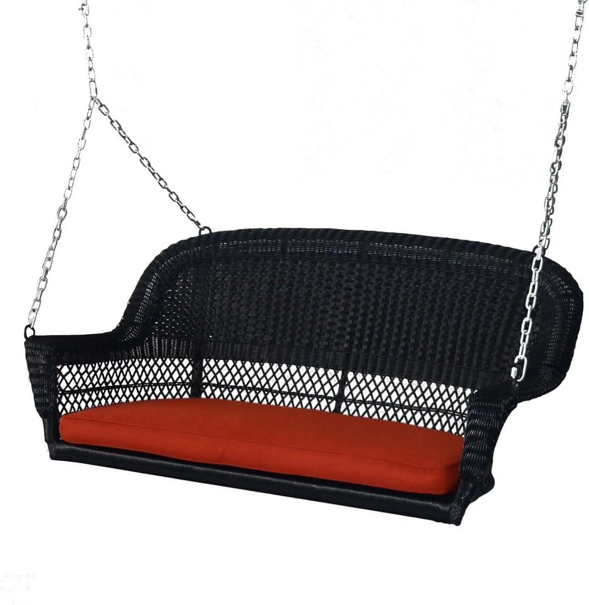 Black Wicker Porch Swing With Red Cushion