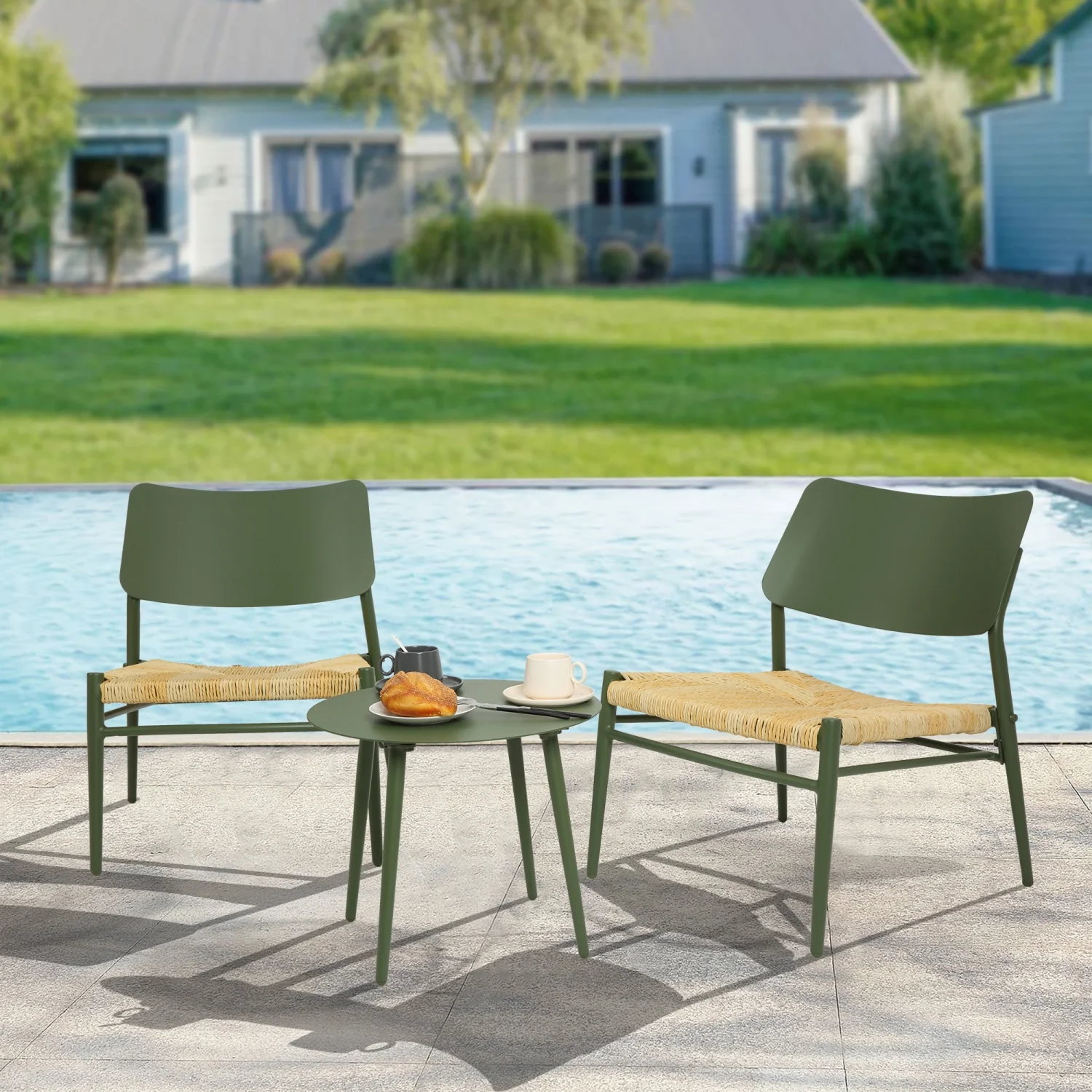 Enhance Your Outdoor Space with Stylish 3 Piece Green Aluminium Bistro Table and Chairs Set  Bringing Elegance and Sophistication to Your Patio  Backyard  and Garden. Elevate Your Living