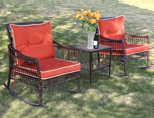 HYHBIBOOM Outdoor Rocking Chairs  3 Pieces Patio Conversation Set  Wicker Rocking Chairs  with Coffee Table  Front Porch  for Garden and Balcony (Brown Rattan Beige Cushion)