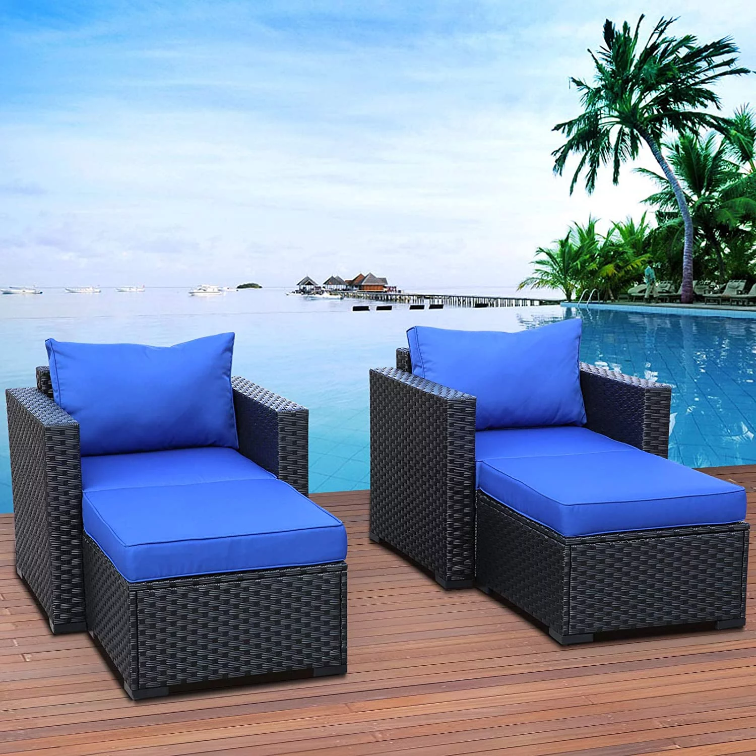 Furniture Sectional Sofa 4 Pieces  Outdoor Wicker Furniture Set Armrest Chairs Ottomans with Turquoise Cushions and Furniture Covers  Black Rattan