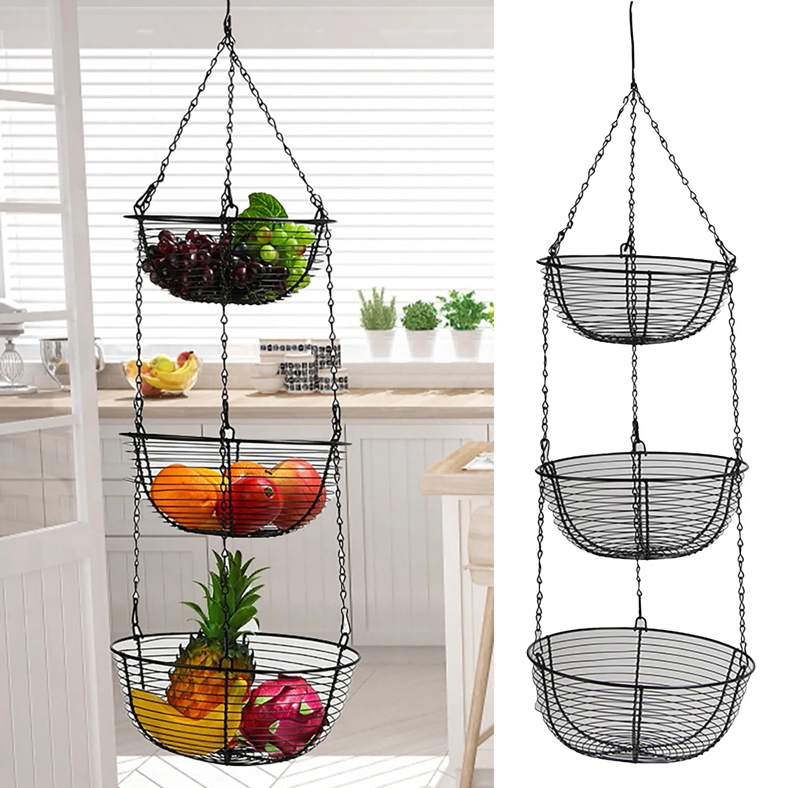 MOQIN Hanging Basket for Kitchen 3 Tier Hanging Fruit Basket Wire Basket with Hanging Basket use Brackets for Wall Hanging or Ceiling Hook