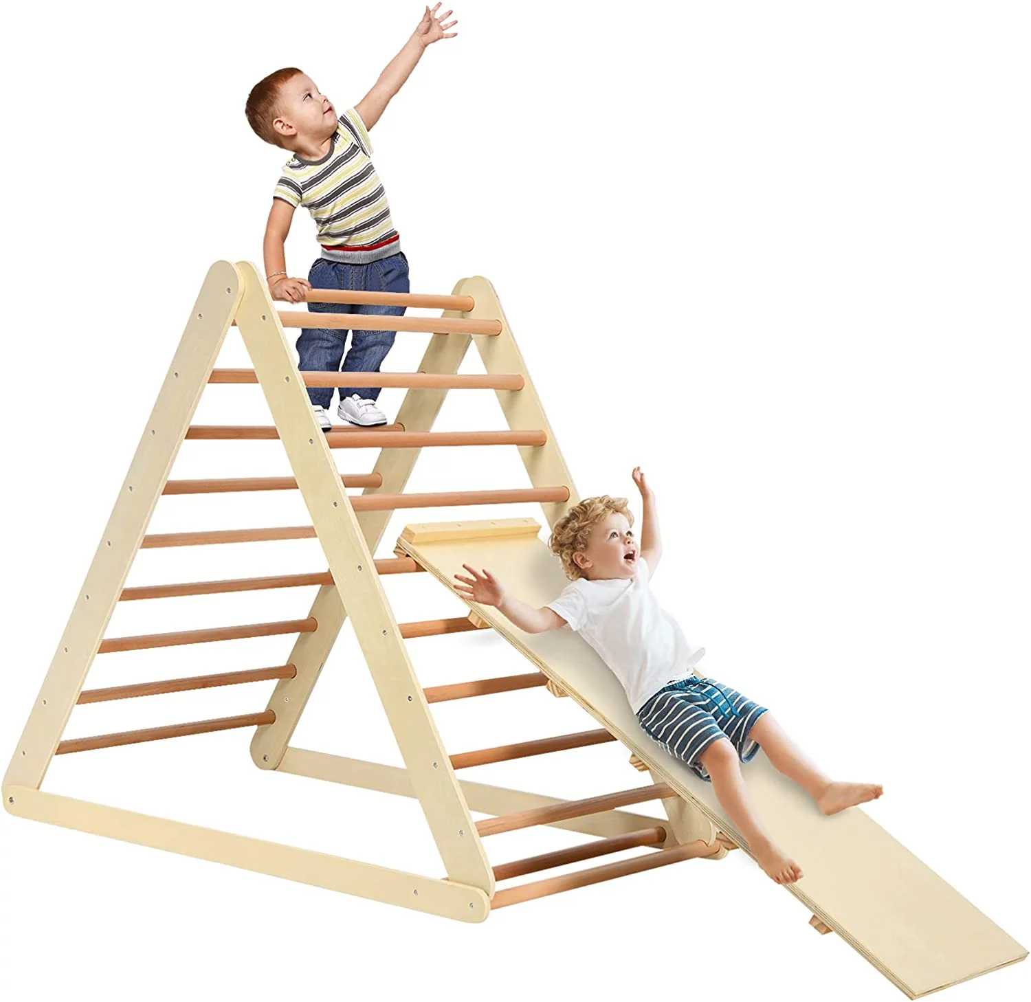 Triangle Climber with Ramp, 2-in-1 Indoor Toddler Climbing Triangle Set with Ladder & Slide, Foldable Wooden Kids Climbing Toys for Playground, Gym & Daycare, Gift for Boys Girls (Natural)