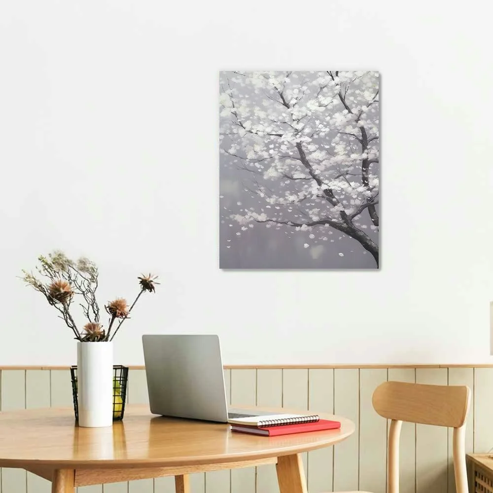 C04-GENYS Flowers Wall Art for Living Room/Cherry Blossom Wall Art Bedroom/White Floral Plum Wall Decoration/Canvas Prints Artwork Framed Wall Decor