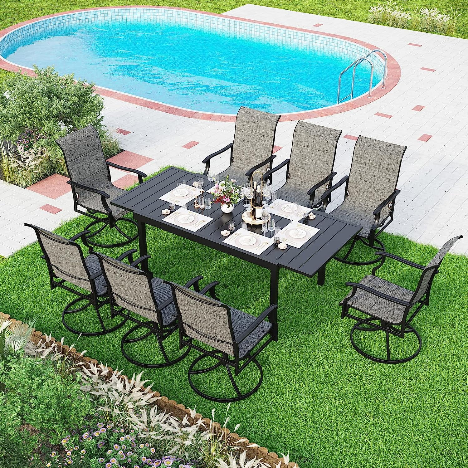 9 Pieces Patio Dining Set  Rectangular Expandable Black Metal Table with 10 Padded Textilene Fabric Swivel Chairs  Outdoor Furniture Set for Garden  Poolside  Backyard  Porch