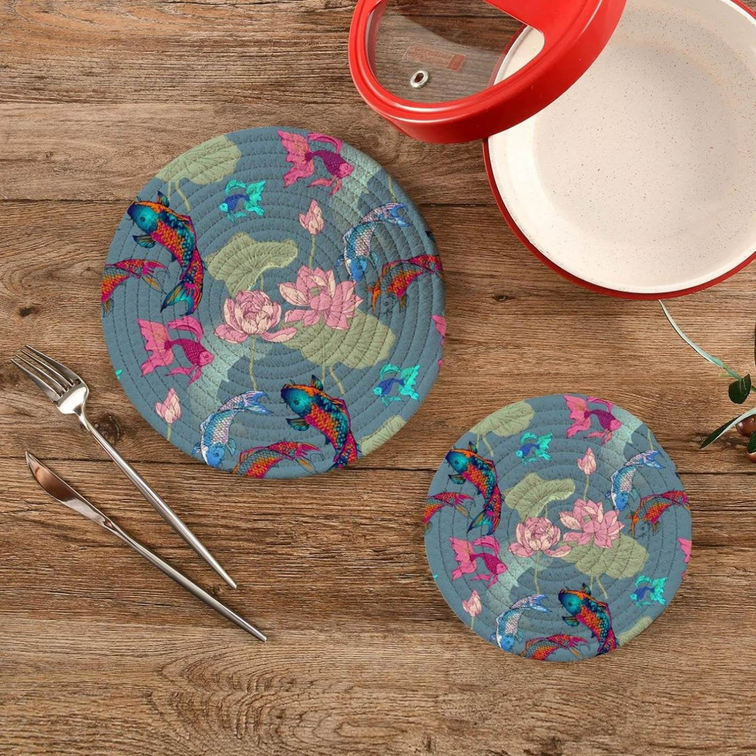 Japanese Koi Fish Asian Potholders Set Trivets Set 2 PCS, Oriental Water Lily Pot Holders for Kitchen, 100% Cotton Woven Hot Pads for Kitchen, Trivets for Kitchen Heat Resistant, 7.09