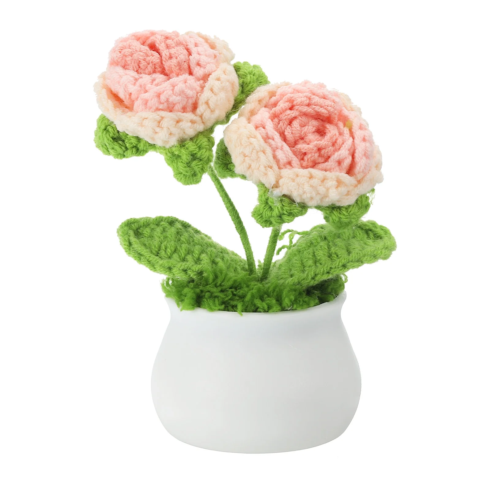 Uxcell Crochet Flowers Potted, 2 Head Rose Flower Handmade Knitted Mini Potted Plants, Gradient Pink