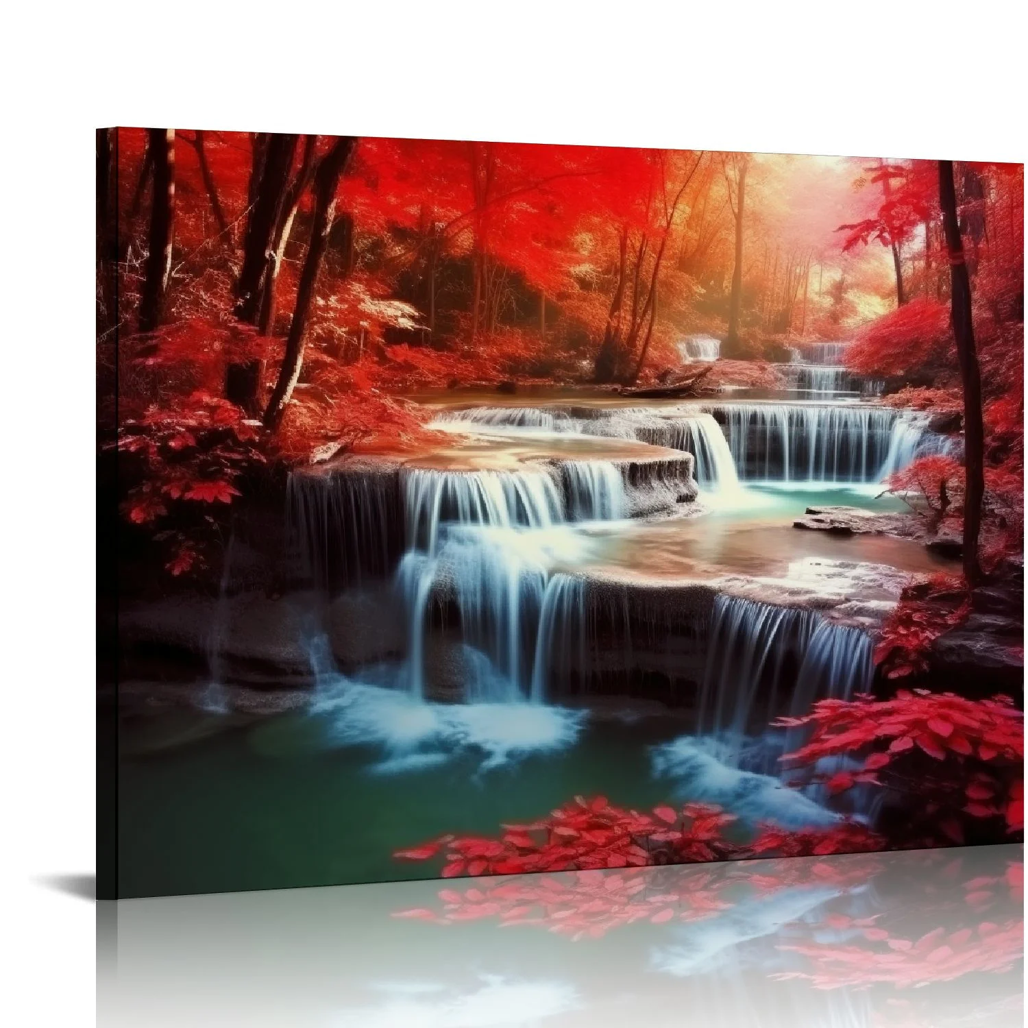 Lingy  Wall Art Decor Canvas Print Picture Red Forest Waterfalls  Modern Landscape Tree for Living Room Bedroom Kitchen Office Home Decorations Stretched and Framed Ready to Hang 20x16in