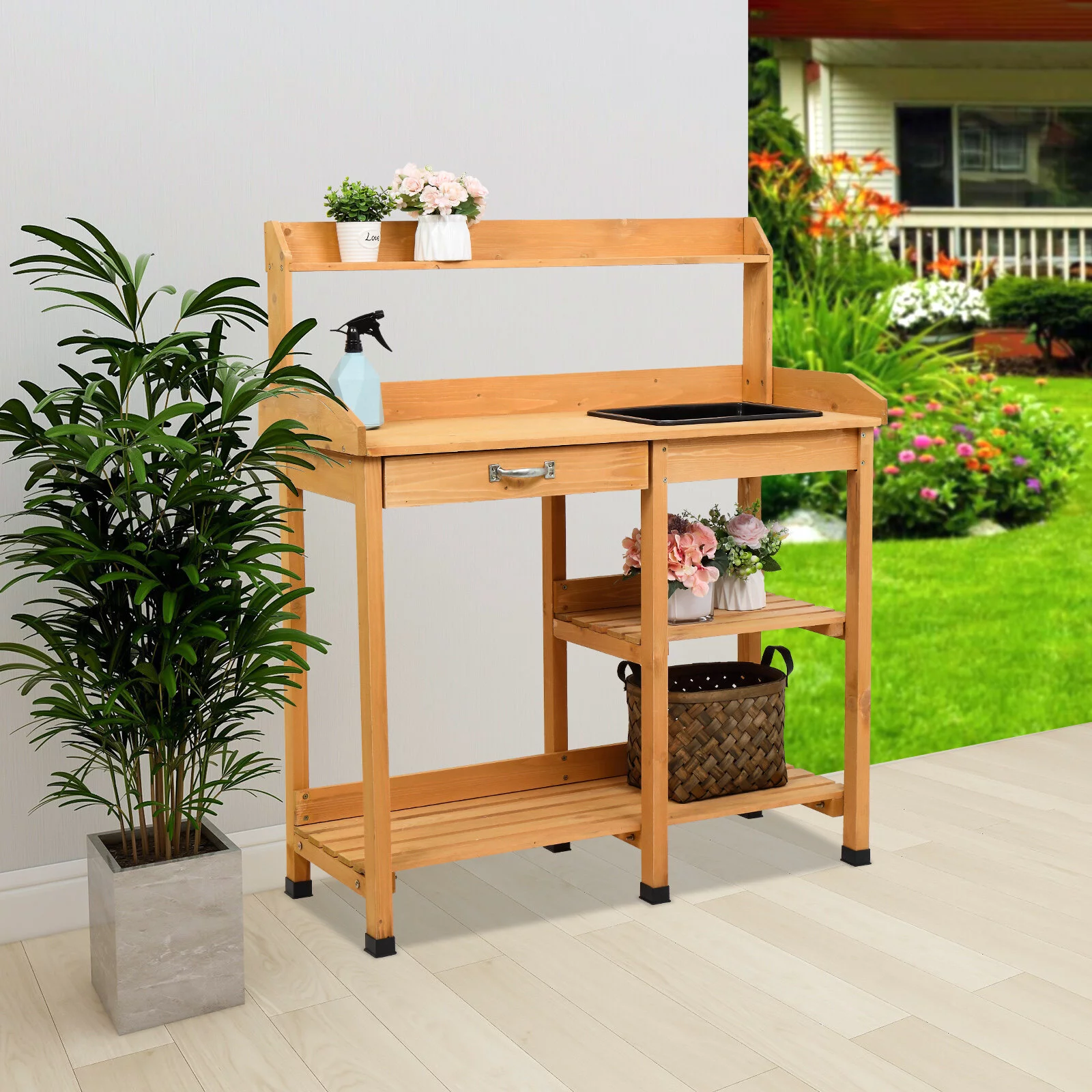 Outdoor Garden Workbench with 3 Drawers, Sink, and Tool Hooks - Ideal for Gardening Enthusiasts and DIY Hobbyists