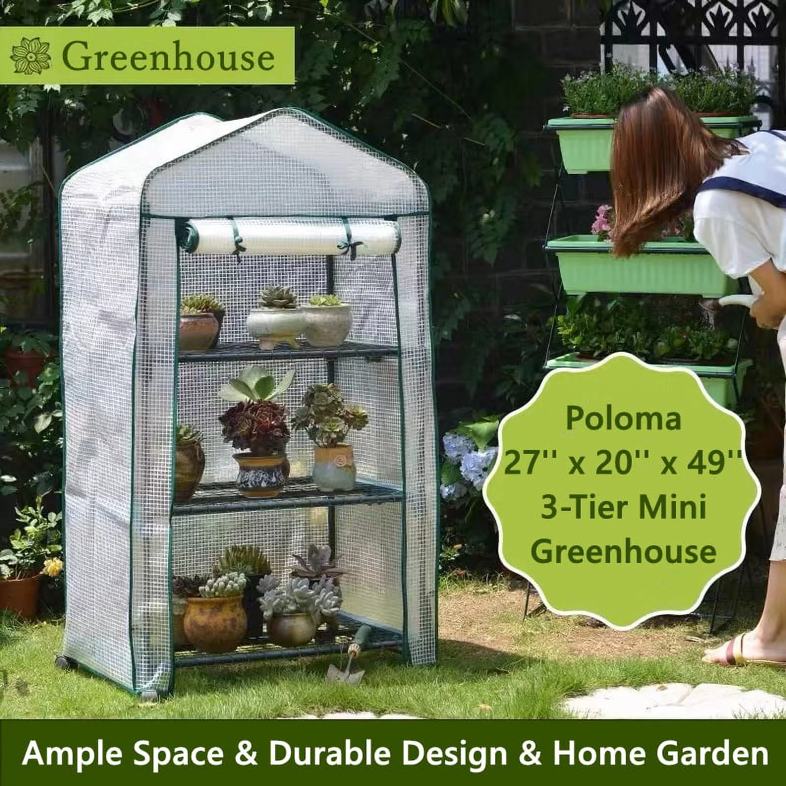 27'' x 20'' x 49'' 3-Tier Mini Greenhouse, Portable Indoor Outdoor Arboretum for Yard w/ Steel Shelves&PE Green Cover