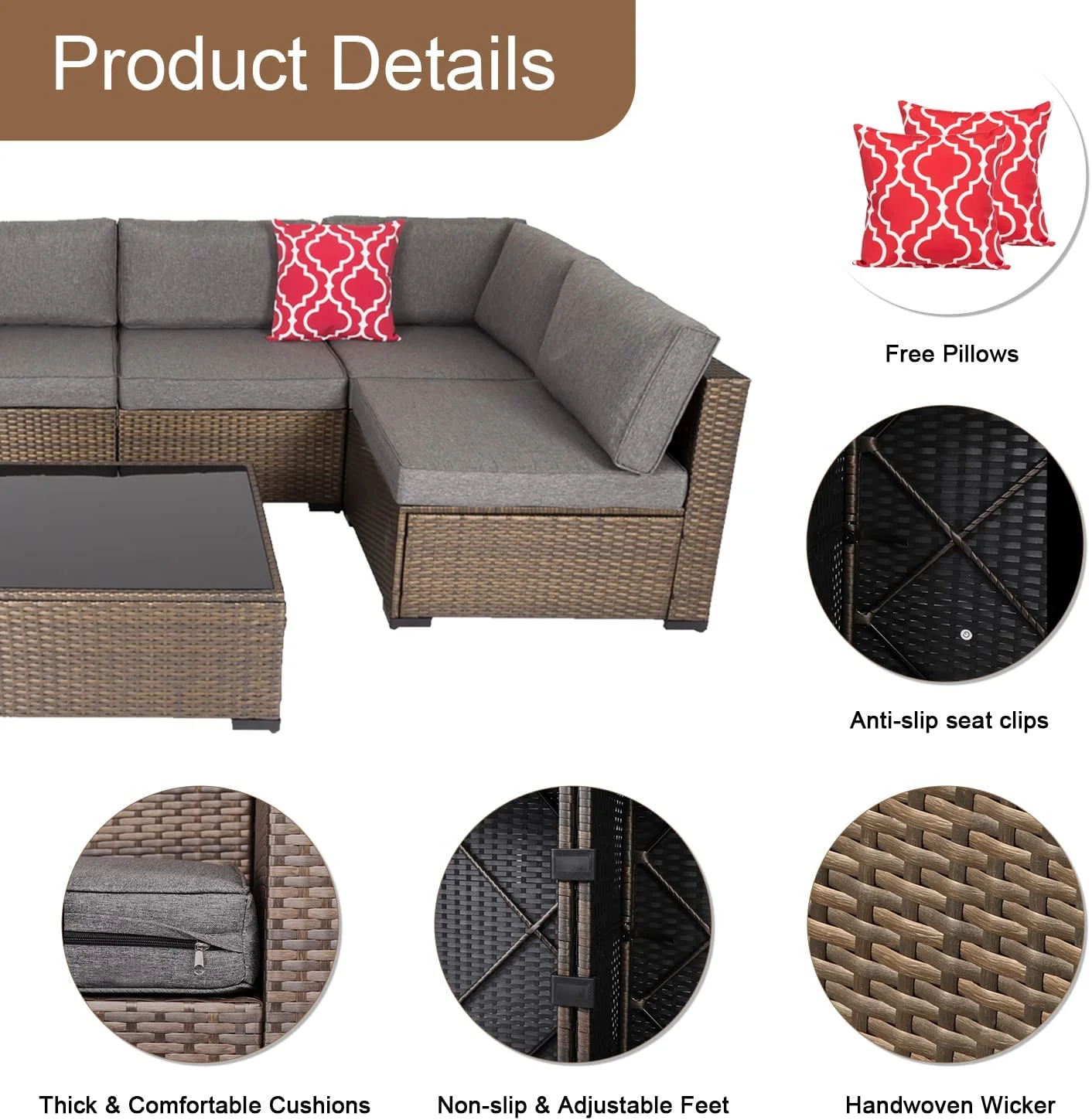 7Pcs Patio Furniture Sets - Patio Sectional Conversation Sofas Black PE Wicker Outdoor Couch Patio Seating with Pillows & Coffee Table  Red