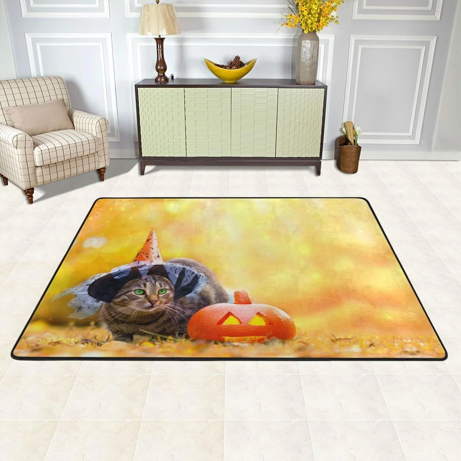 SKYSONIC Funny Tabby Cat Pumpkin Non-Slip Area Rug, Wizard Hat Autumn Leaves Floor Carpet Comfort Floor Mats Decor for Indoor Front Porch,Living Room, Bedroom,Kitchen,72