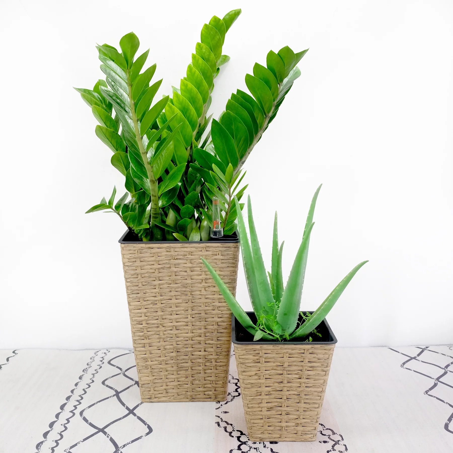 Homiyad 2-Pack Smart Self-Watering Square Planter for Indoor and Outdoor - Hand Woven Wicker - Brown