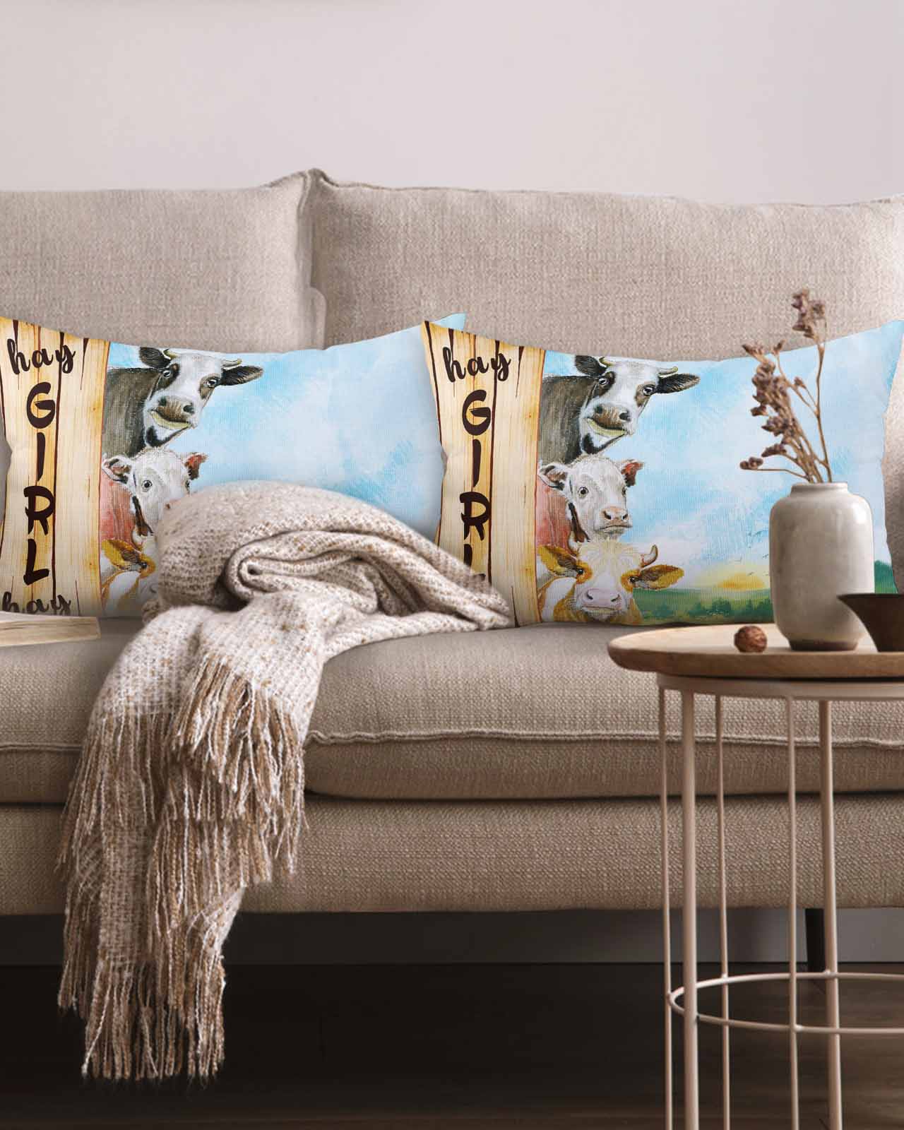 Farmhouse Cow Cattle 12x20 Pillow Covers Set of 2, Hay Girl Hay Decorations Outdoor Throw Pillow Covers, Cotton Linen Square Pillowcases for Patio Sofa Couch Bedroom Decorative